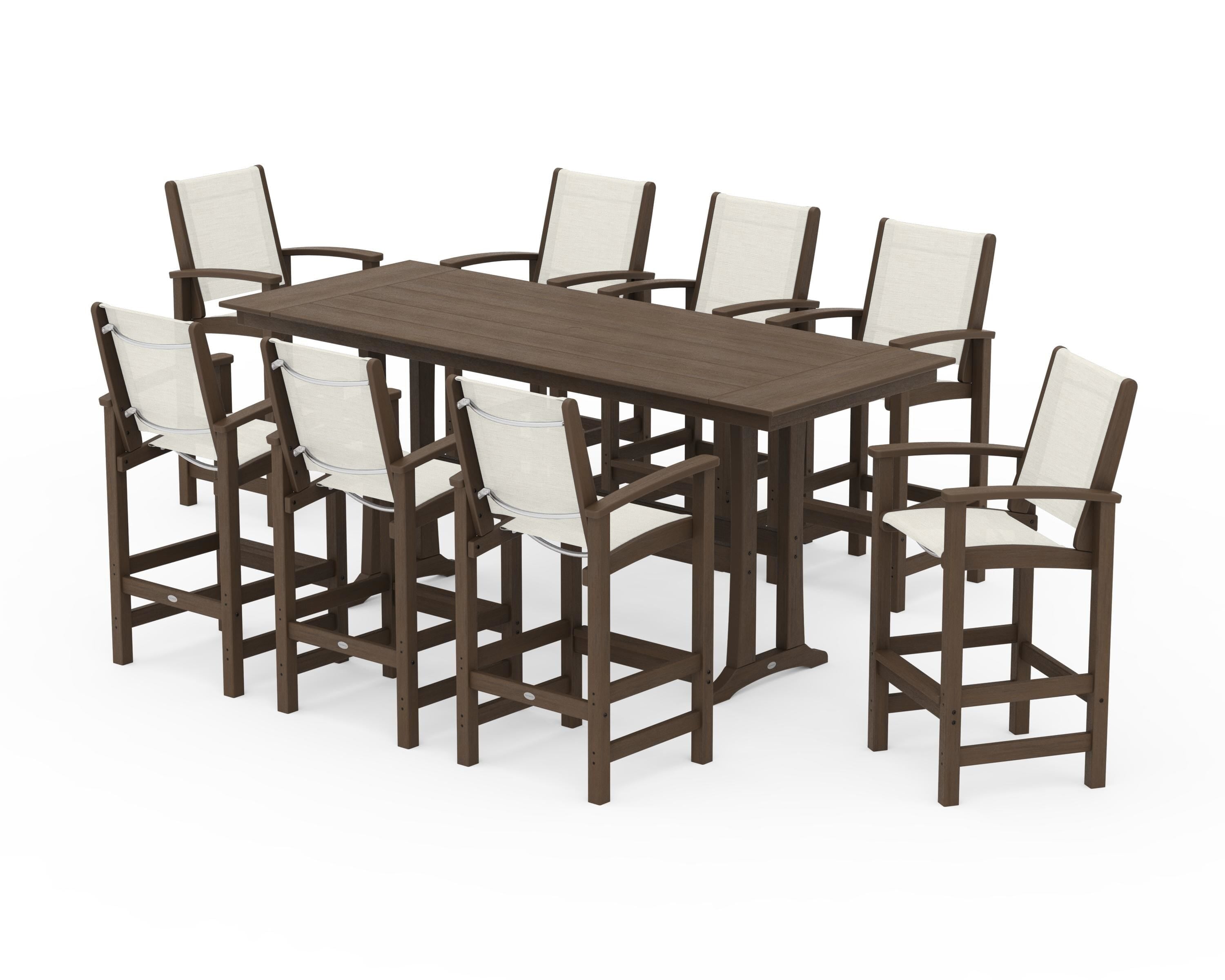 POLYWOOD Coastal 9-Piece Farmhouse Bar Set with Trestle Legs in Kona / Parchment Sling
