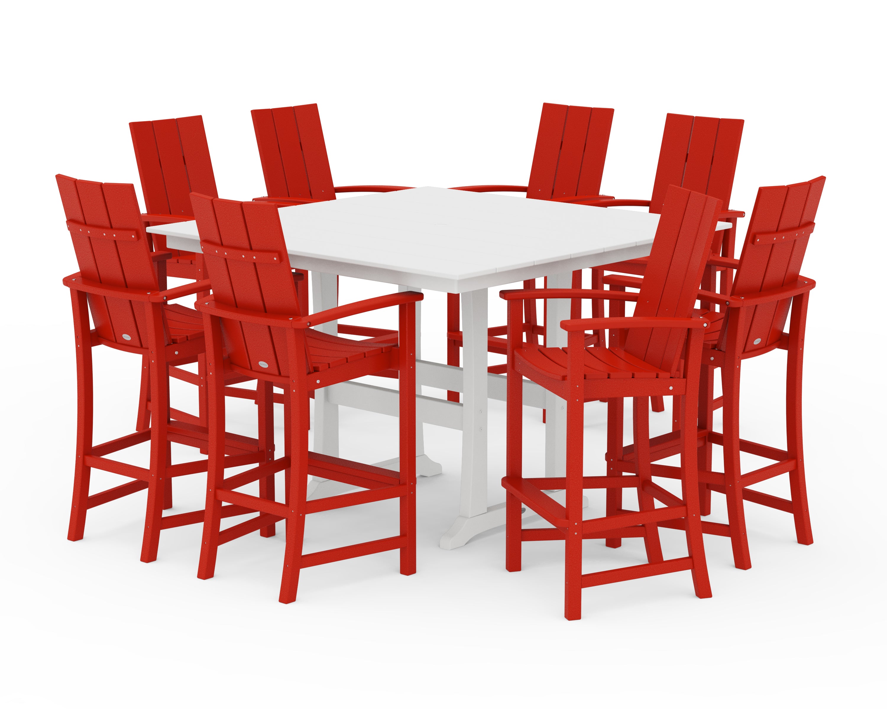 POLYWOOD Modern Adirondack 9-Piece Farmhouse Trestle Bar Set in Sunset Red / White