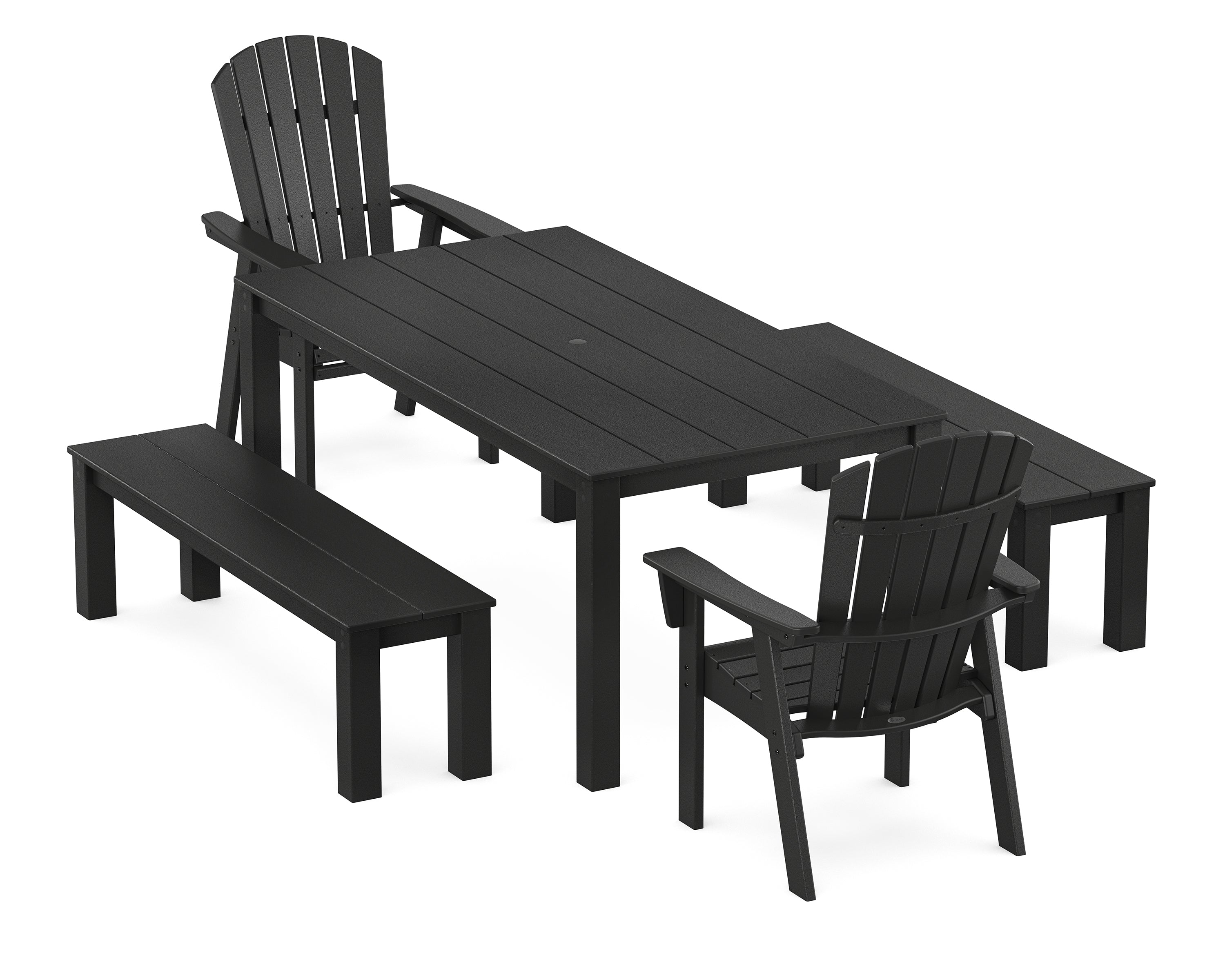 POLYWOOD® Nautical Curveback Adirondack 5-Piece Parsons Dining Set with Benches in Black