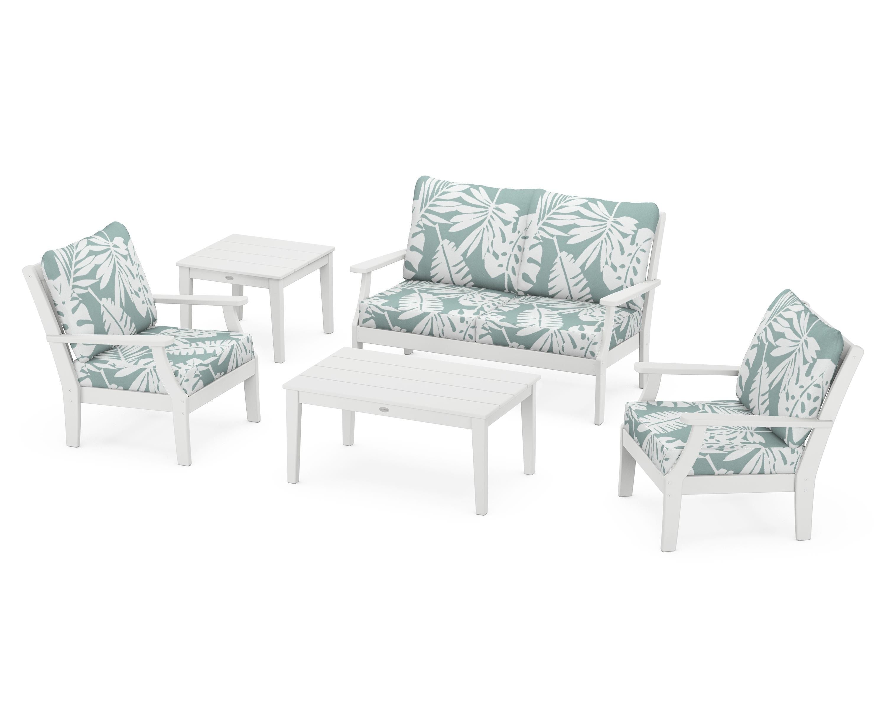 POLYWOOD Braxton 5-Piece Deep Seating Set in White / Leaf Glacier Spa