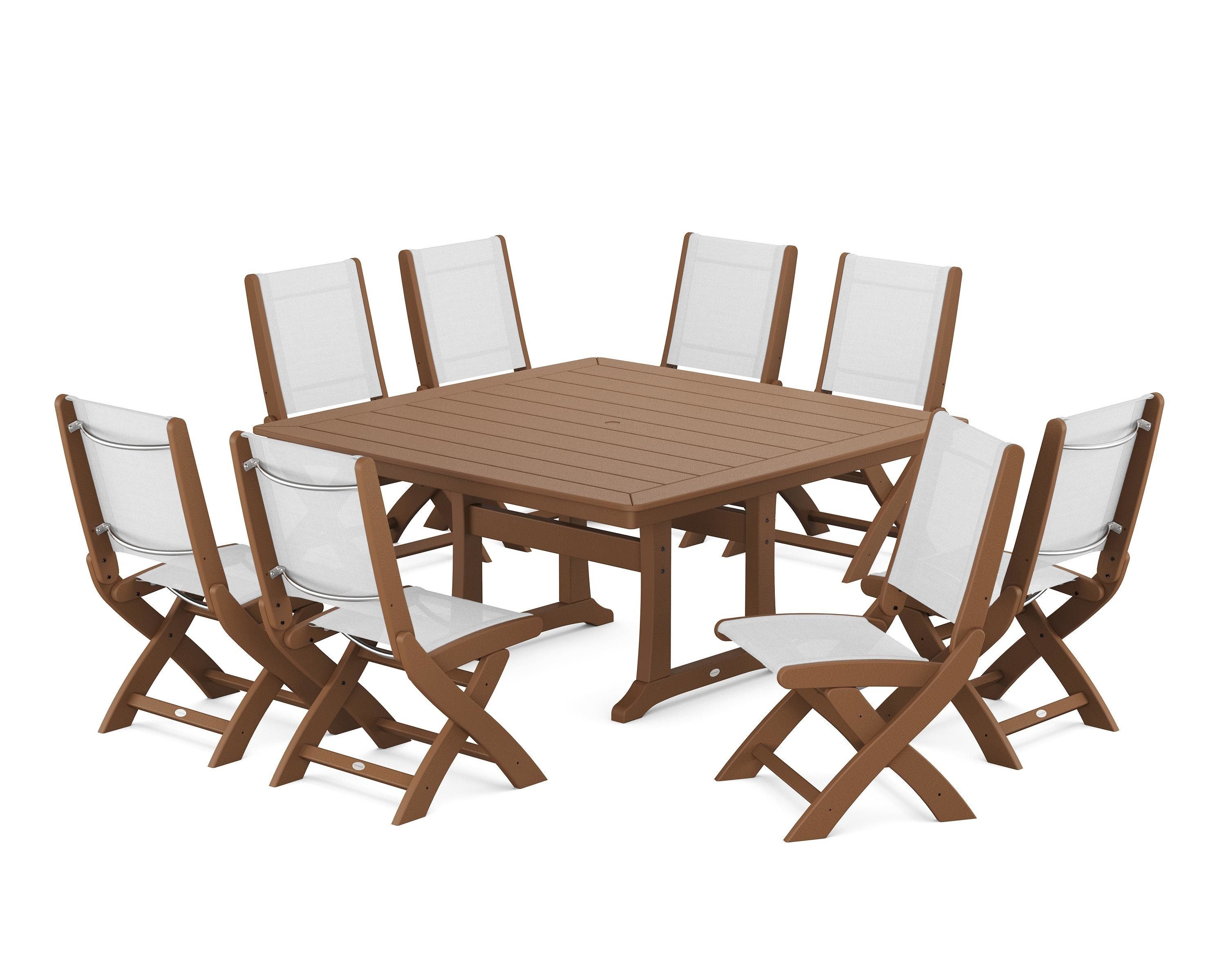 POLYWOOD Coastal Folding Side Chair 9-Piece Dining Set with Trestle Legs in Teak / White Sling