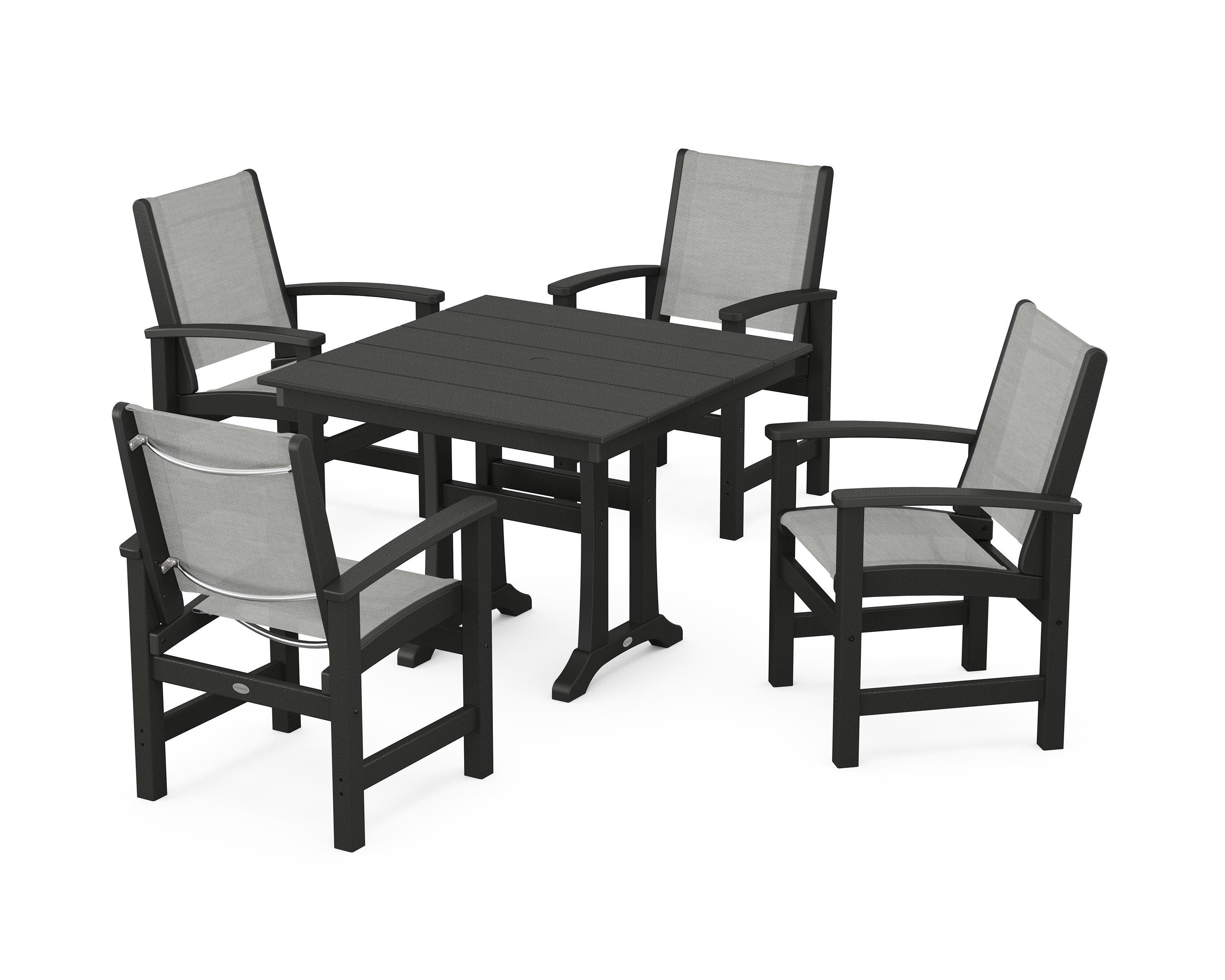 POLYWOOD Coastal 5-Piece Farmhouse Dining Set With Trestle Legs in Black / Metallic Sling