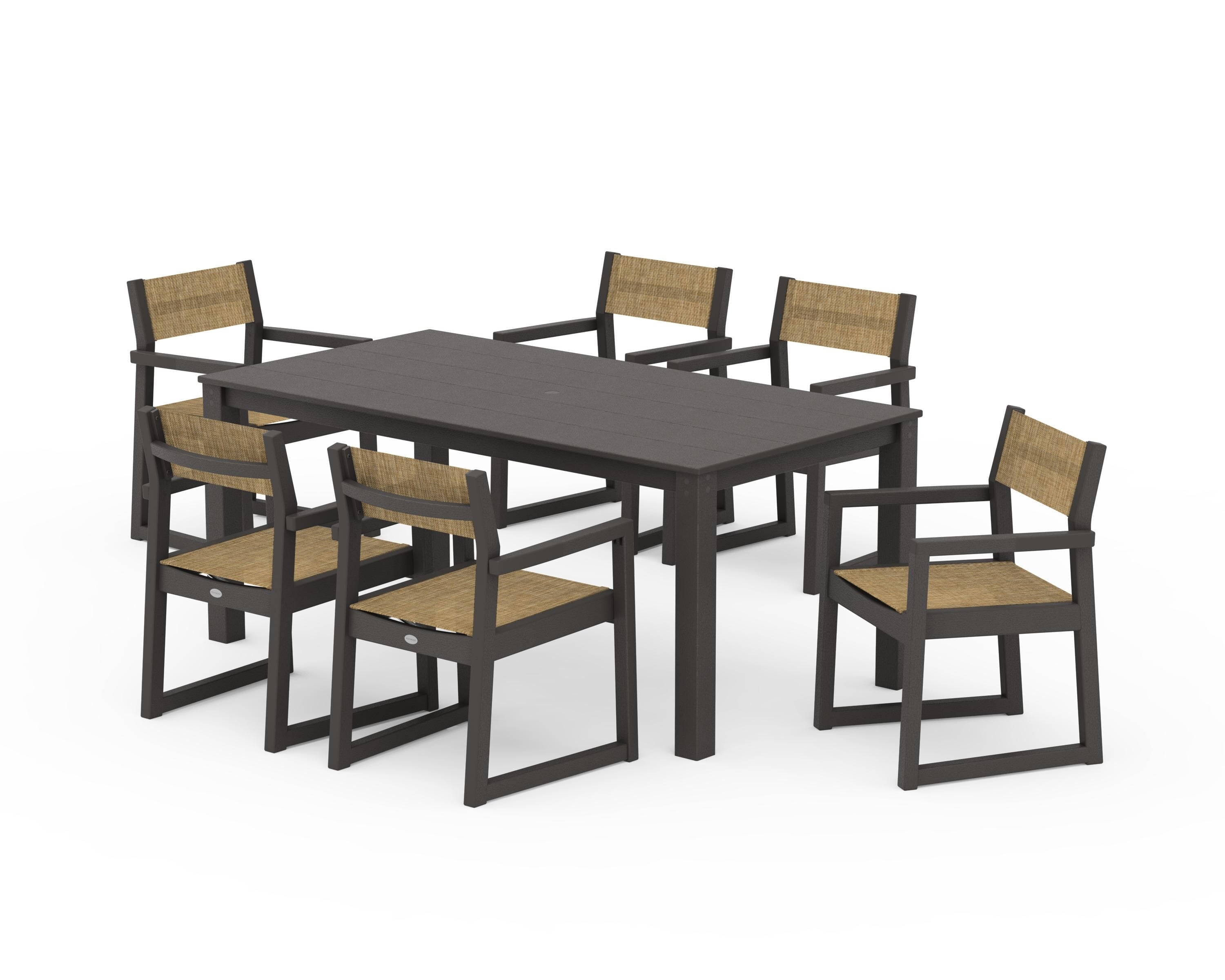 POLYWOOD EDGE Sling Arm Chair 7-Piece Parsons Dining Set in Vintage Coffee / Burlap Sling