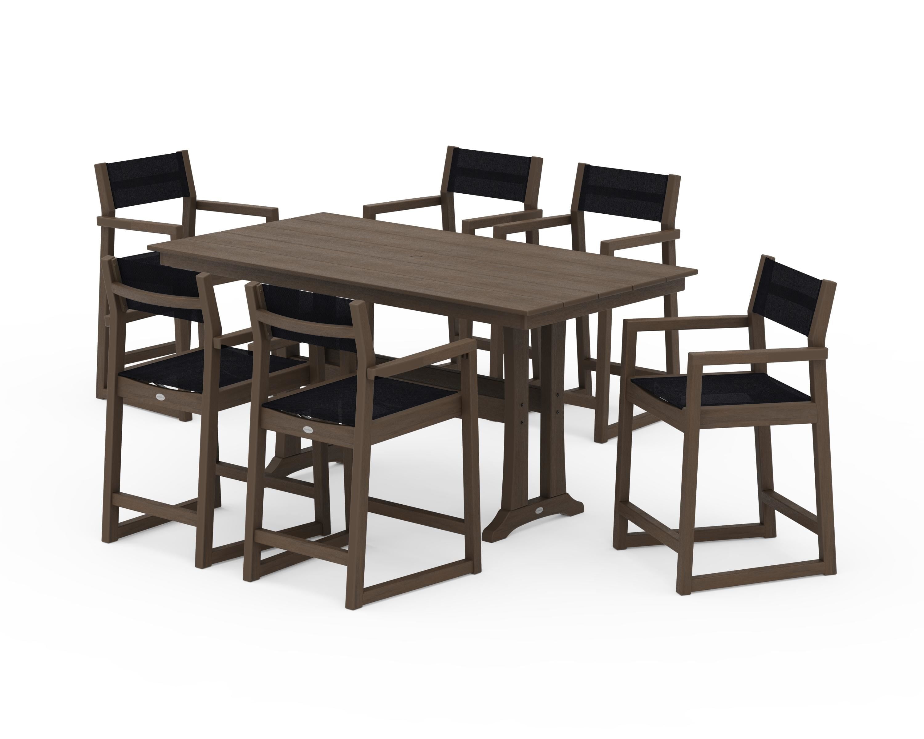 POLYWOOD EDGE Sling Arm Chair 7-Piece Farmhouse Counter Set with Trestle Legs in Kona / Black Sling