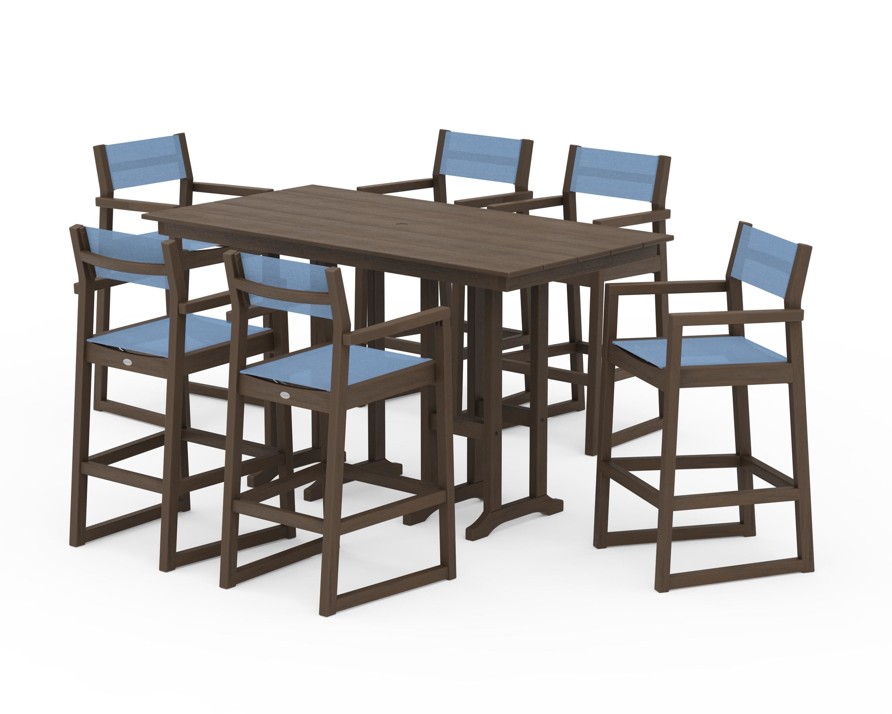 POLYWOOD EDGE Sling Arm Chair 7-Piece Farmhouse Bar Set in Kona / Poolside Sling