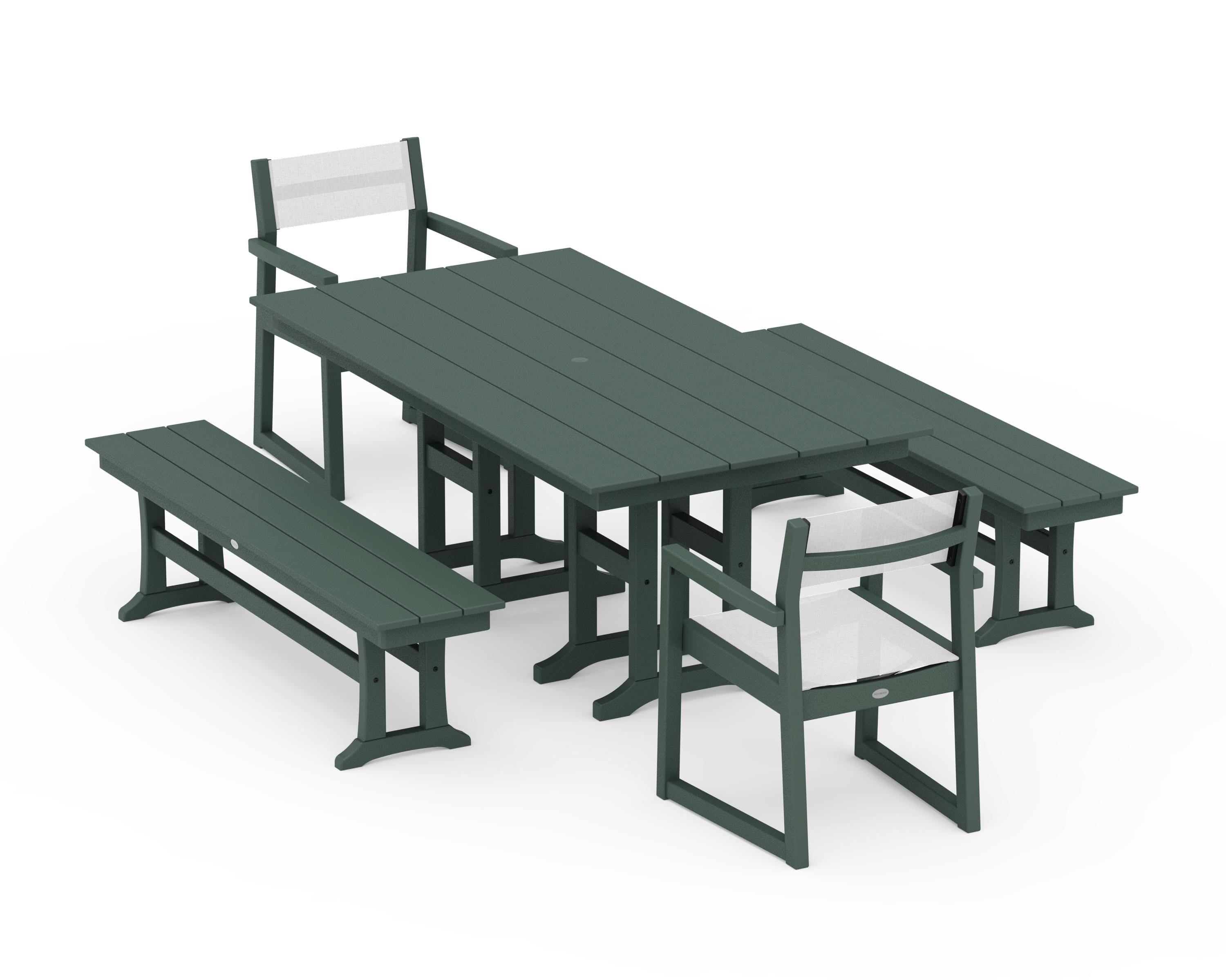 POLYWOOD EDGE Sling Arm Chair 5-Piece Farmhouse Dining Set with Benches in Green / White Sling
