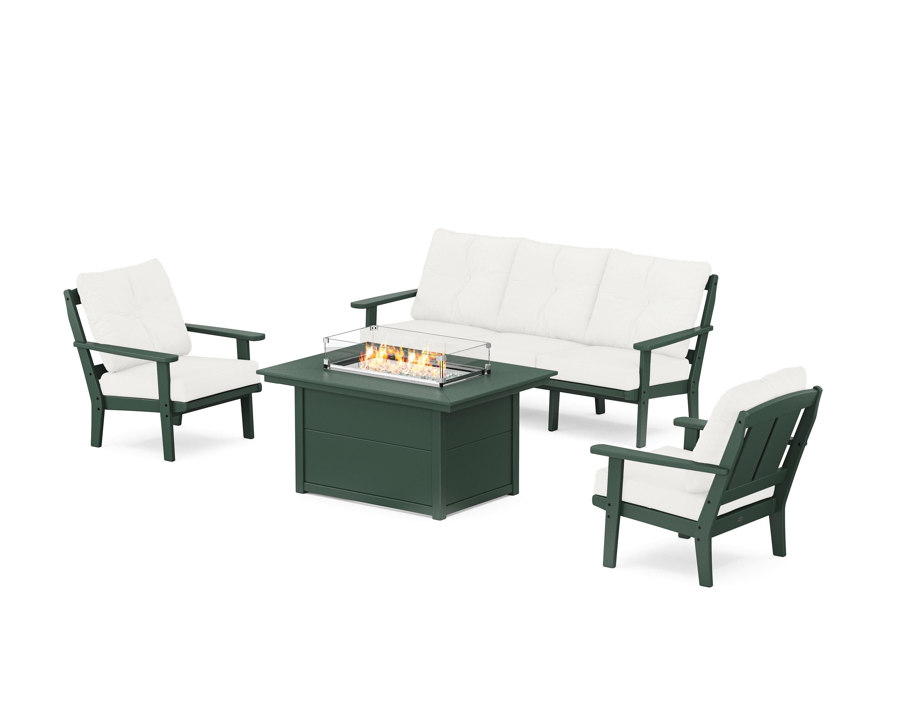 POLYWOOD Mission Deep Seating Fire Pit Table Set in Green / Natural Linen