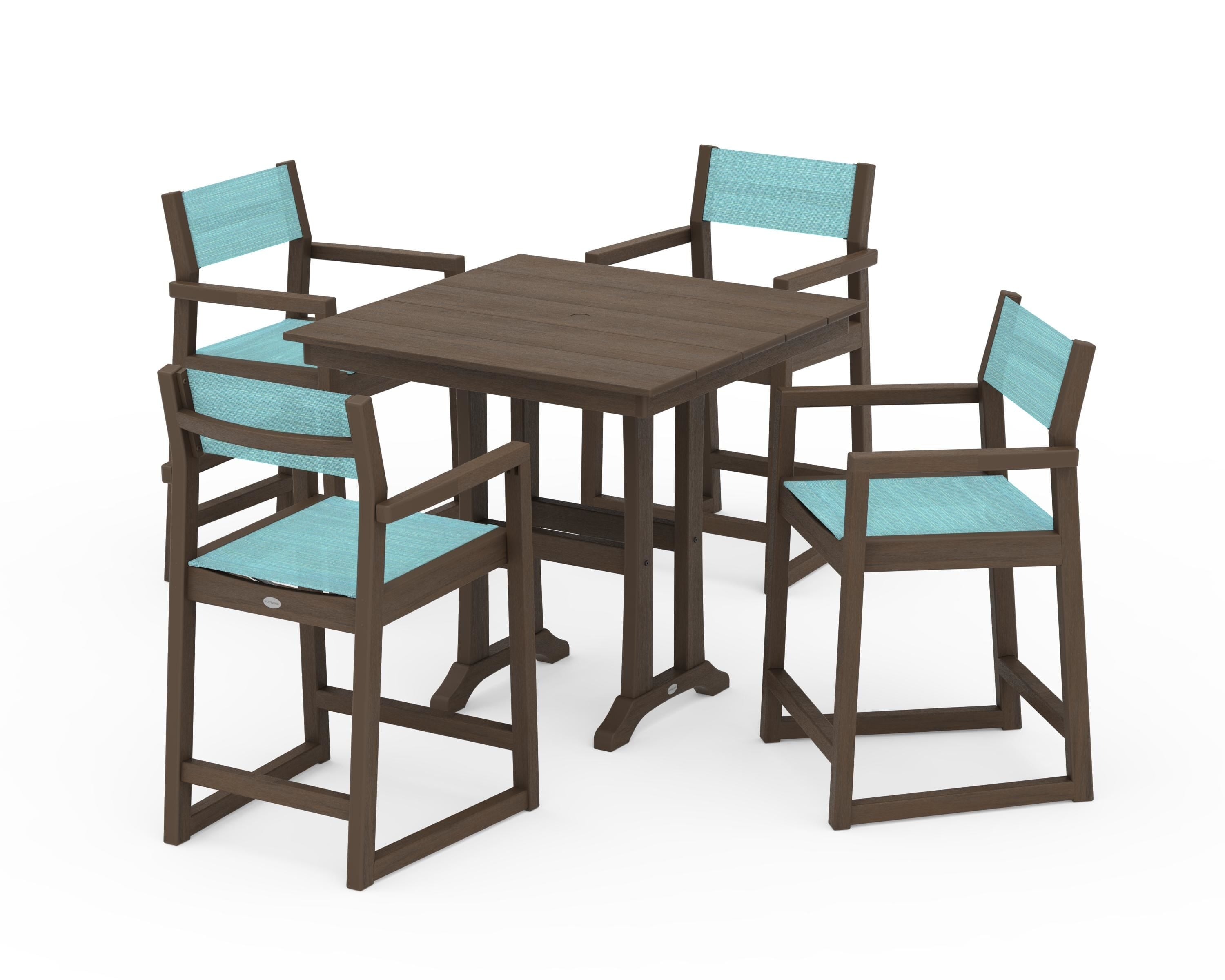POLYWOOD EDGE Sling Arm Chair 5-Piece Farmhouse Counter Set with Trestle Legs in Kona / Dupioni Aquamarine Sling