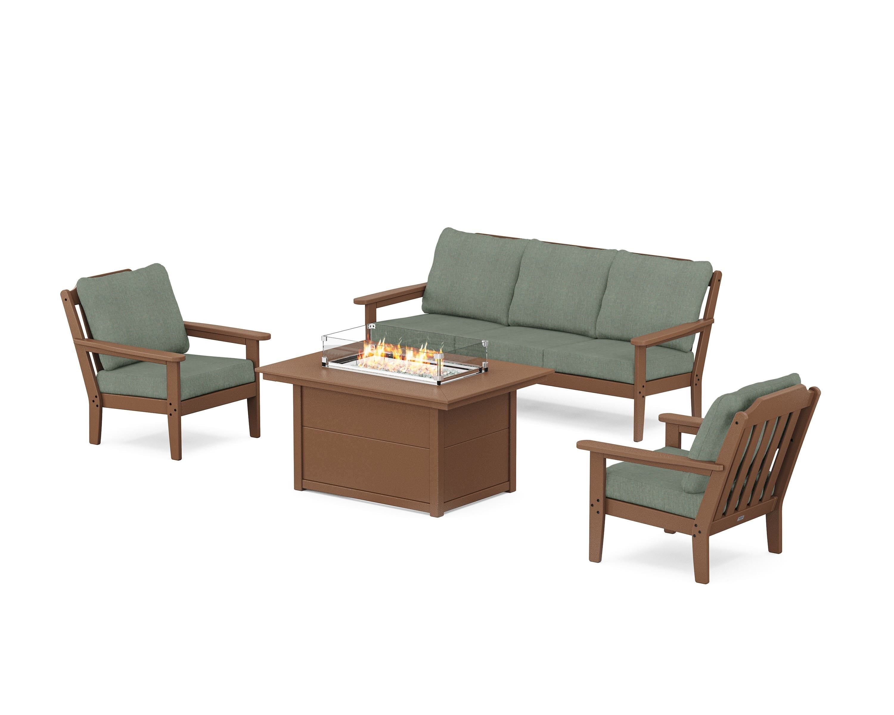 Country Living Cottage Deep Seating Fire Pit Table Set in Teak / Cast Sage