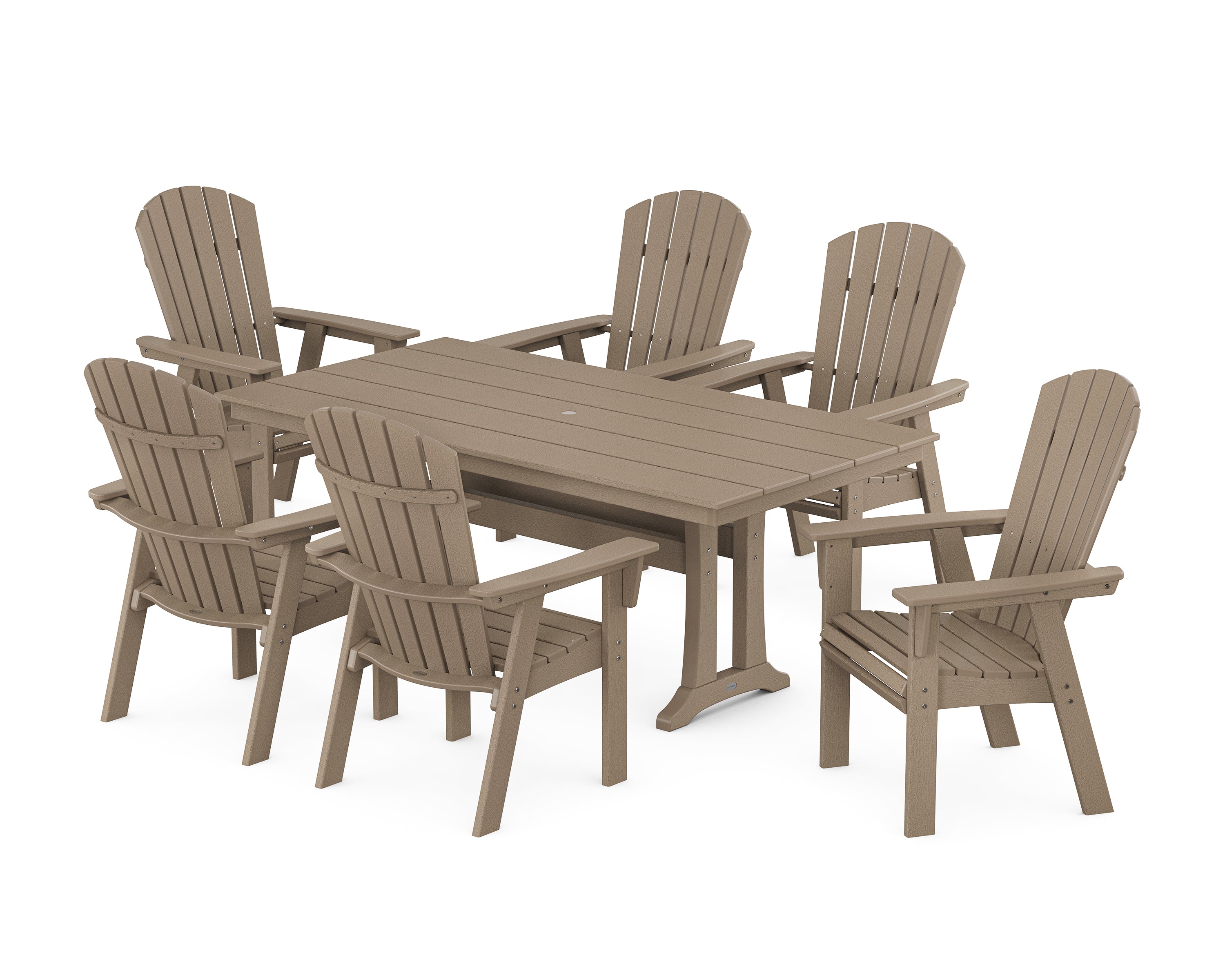 POLYWOOD Nautical Curveback Adirondack 7-Piece Farmhouse Dining Set with Trestle Legs in Vintage Sahara