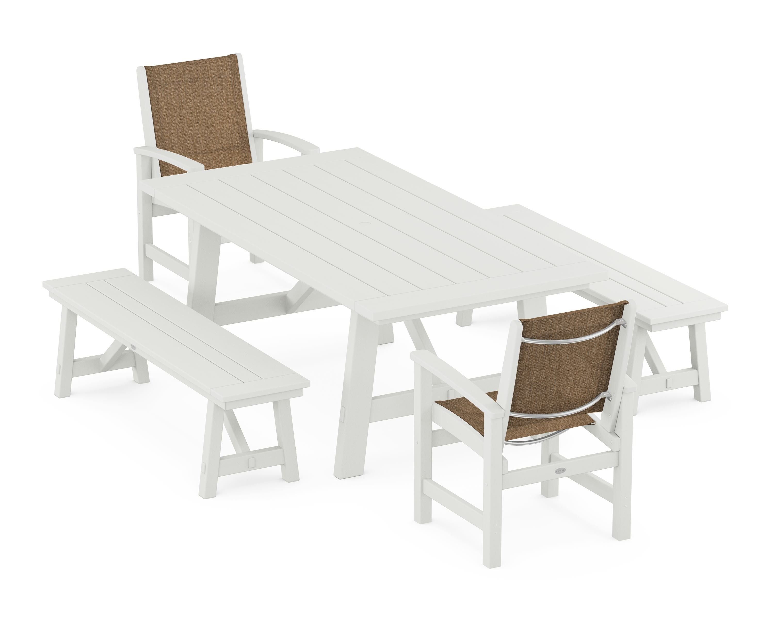POLYWOOD Coastal 5-Piece Rustic Farmhouse Dining Set With Benches in Vintage White / Burlap Sling
