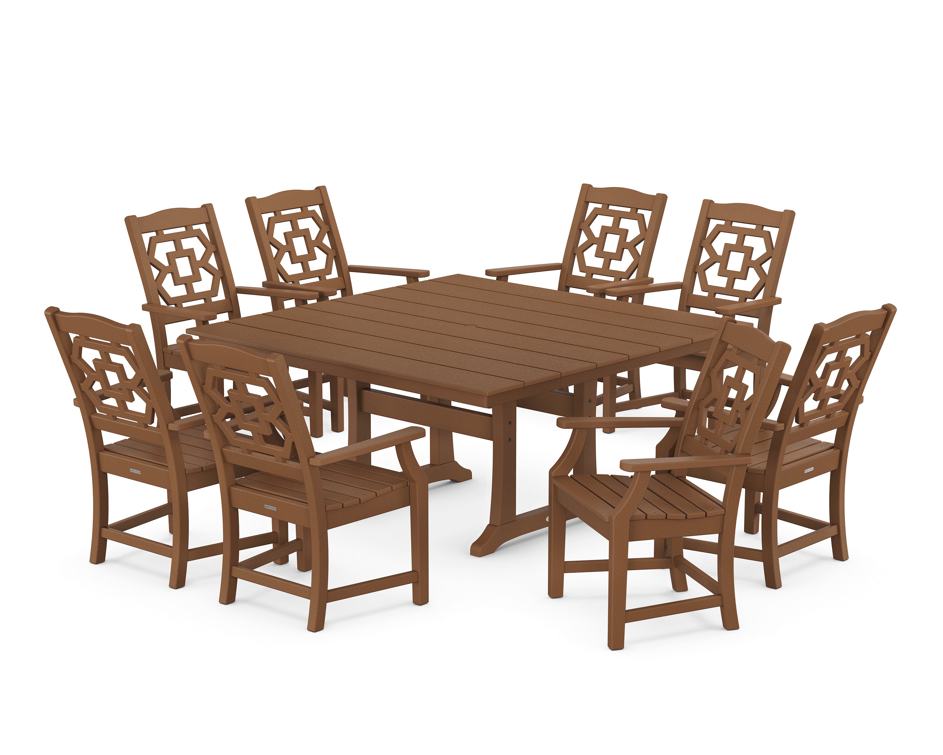 Martha Stewart by POLYWOOD® Chinoiserie 9-Piece Square Farmhouse Dining Set with Trestle Legs in Teak