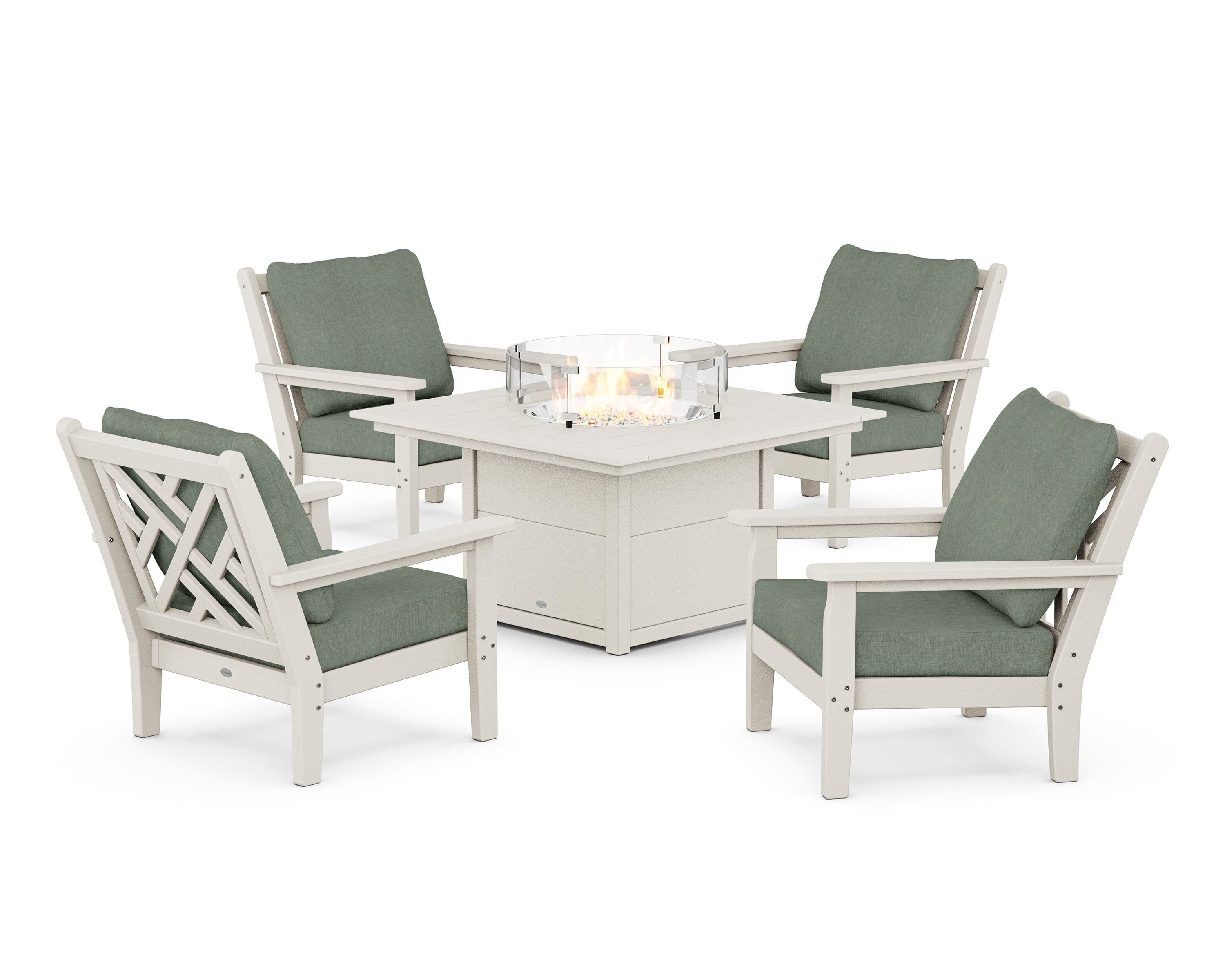 POLYWOOD Chippendale 5-Piece Deep Seating Set with Fire Pit Table in Sand / Cast Sage