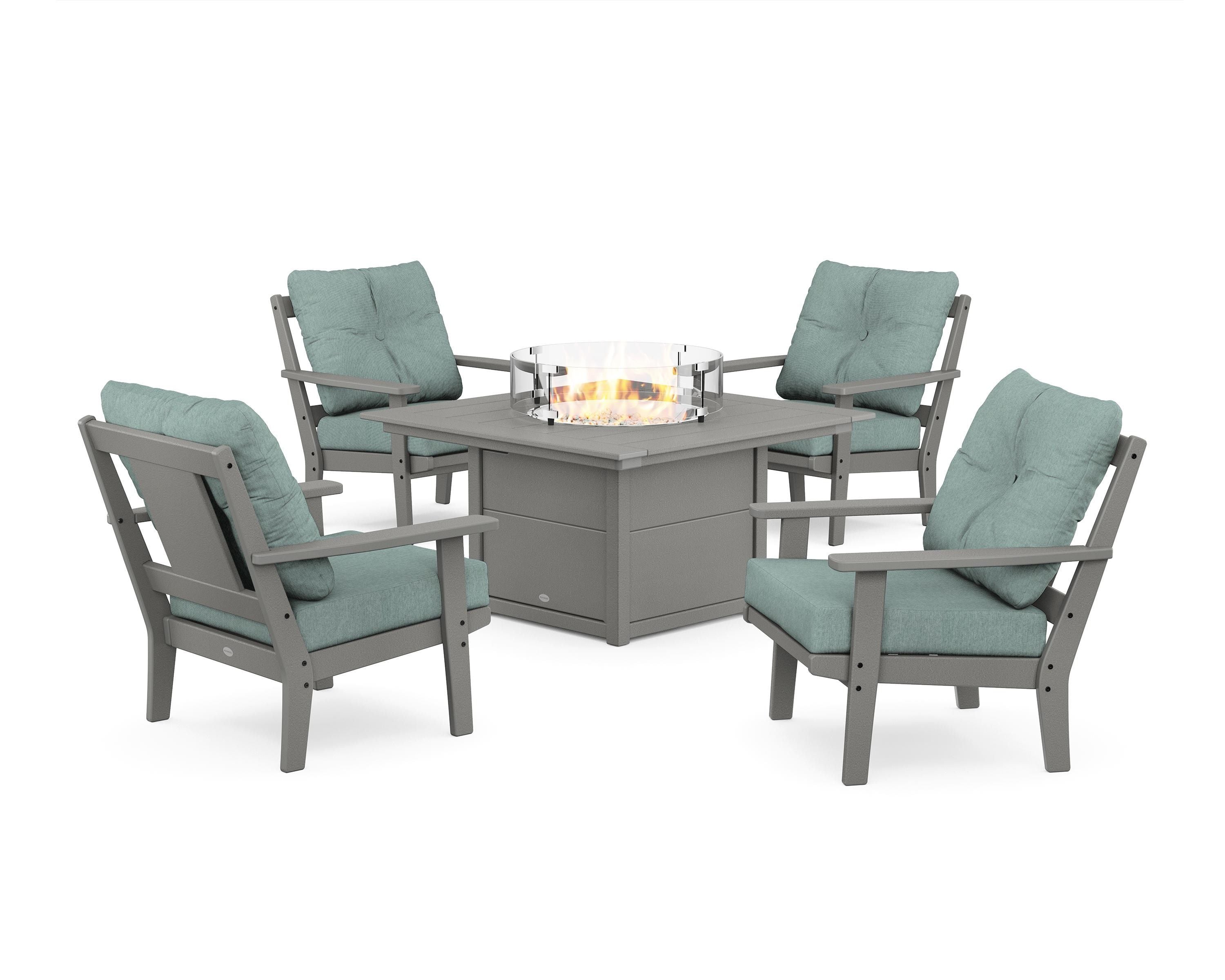 POLYWOOD Prairie 5-Piece Deep Seating Set with Fire Pit Table in Slate Grey / Glacier Spa