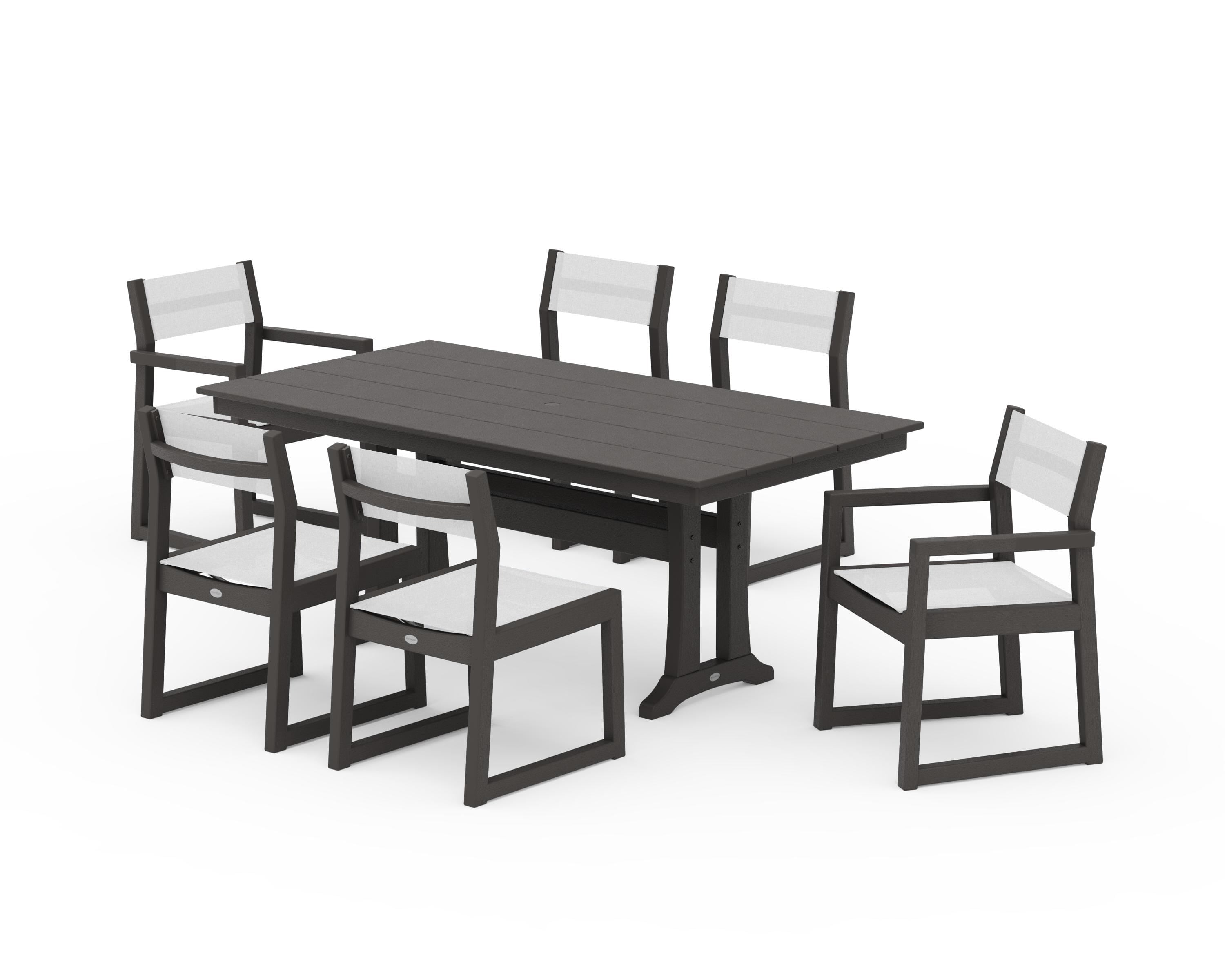 POLYWOOD EDGE Sling 7-Piece Farmhouse Trestle Dining Set in Vintage Coffee / White Sling