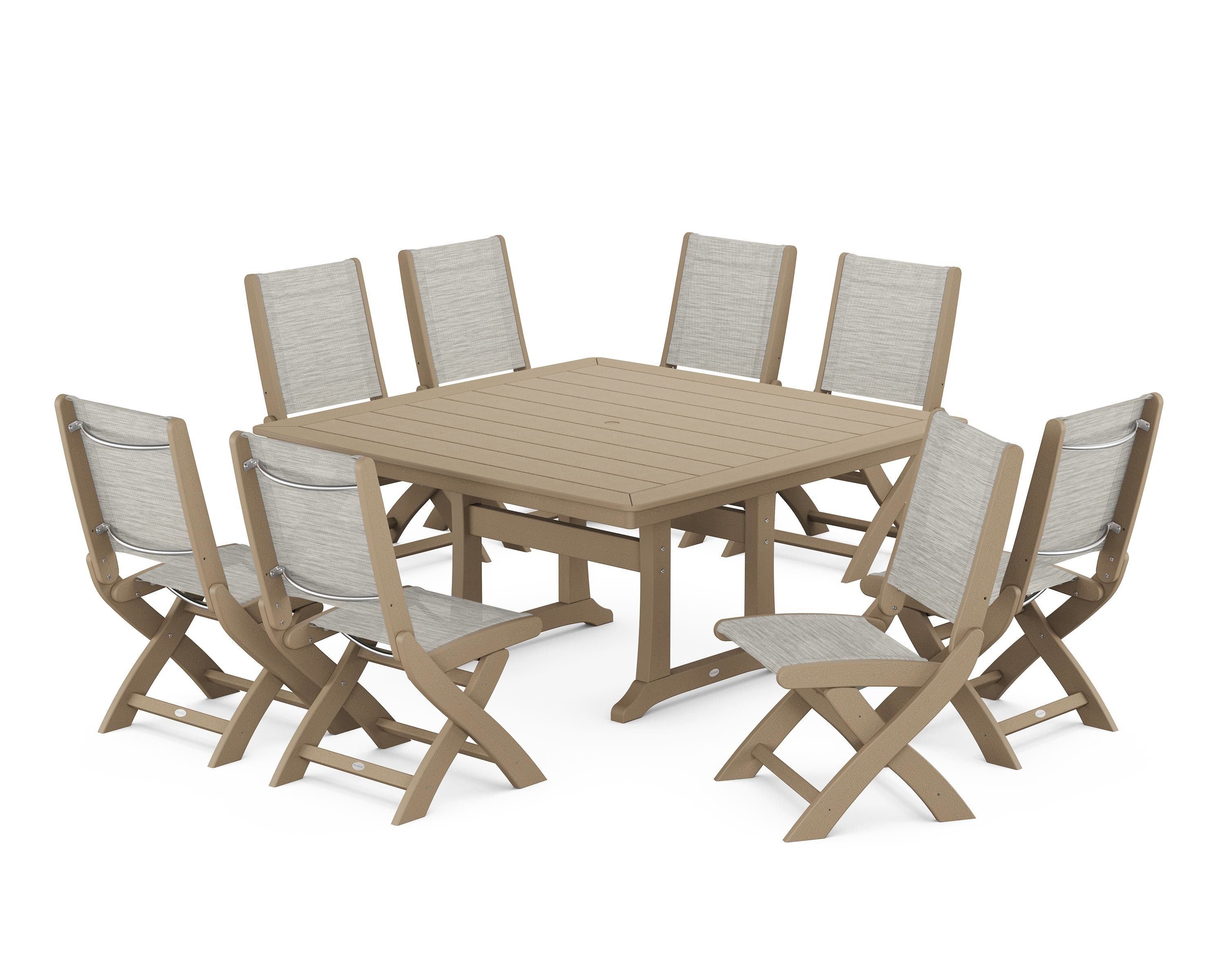 POLYWOOD Coastal Folding Side Chair 9-Piece Dining Set with Trestle Legs in Vintage Sahara / Birch Sling