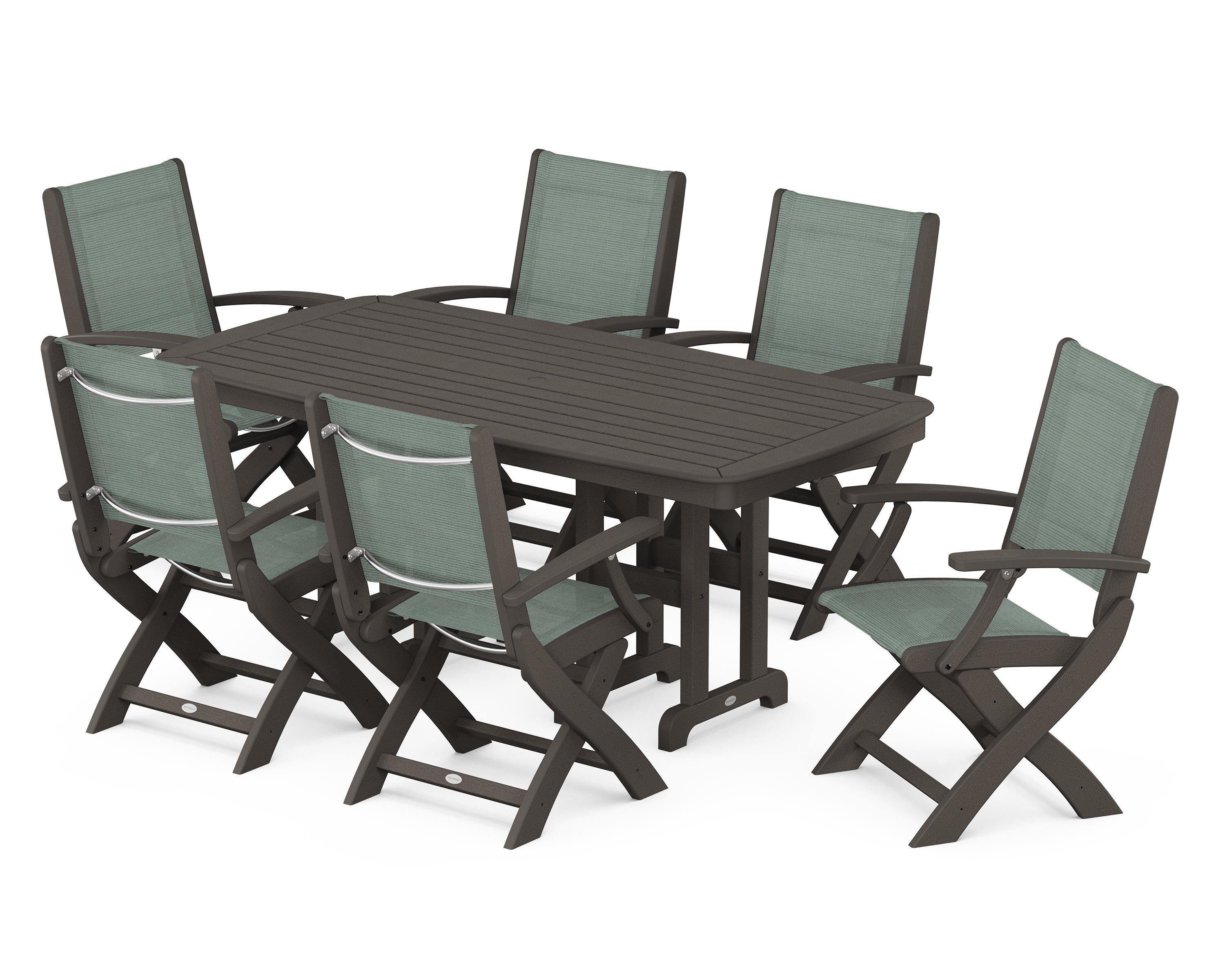 POLYWOOD Coastal Folding Arm Chair 7-Piece Dining Set in Vintage Coffee / Dupioni Sea Mist Sling