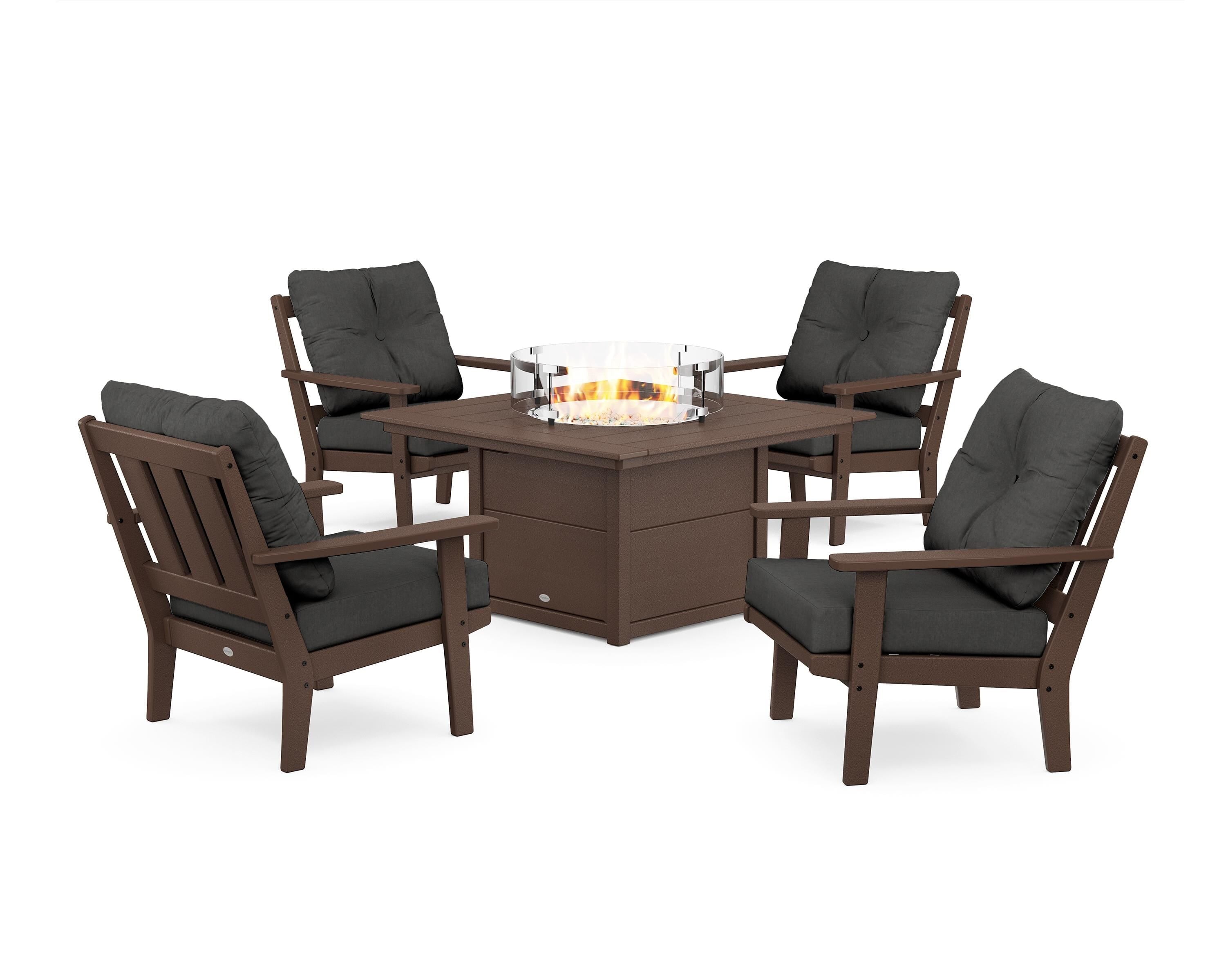 POLYWOOD Oxford 5-Piece Deep Seating Set with Fire Pit Table in Mahogany / Spectrum Carbon