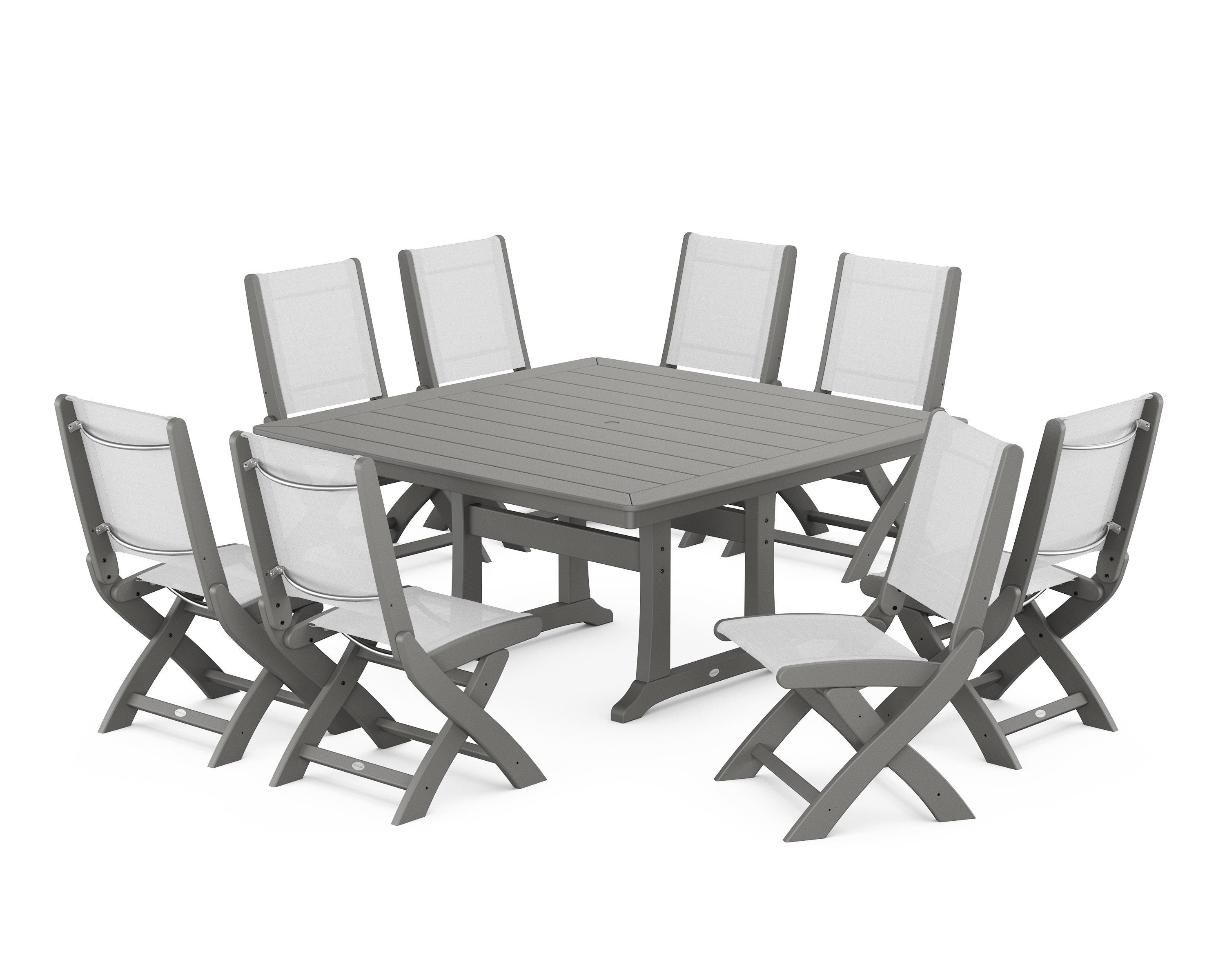 POLYWOOD Coastal Folding Side Chair 9-Piece Dining Set with Trestle Legs in Slate Grey / White Sling