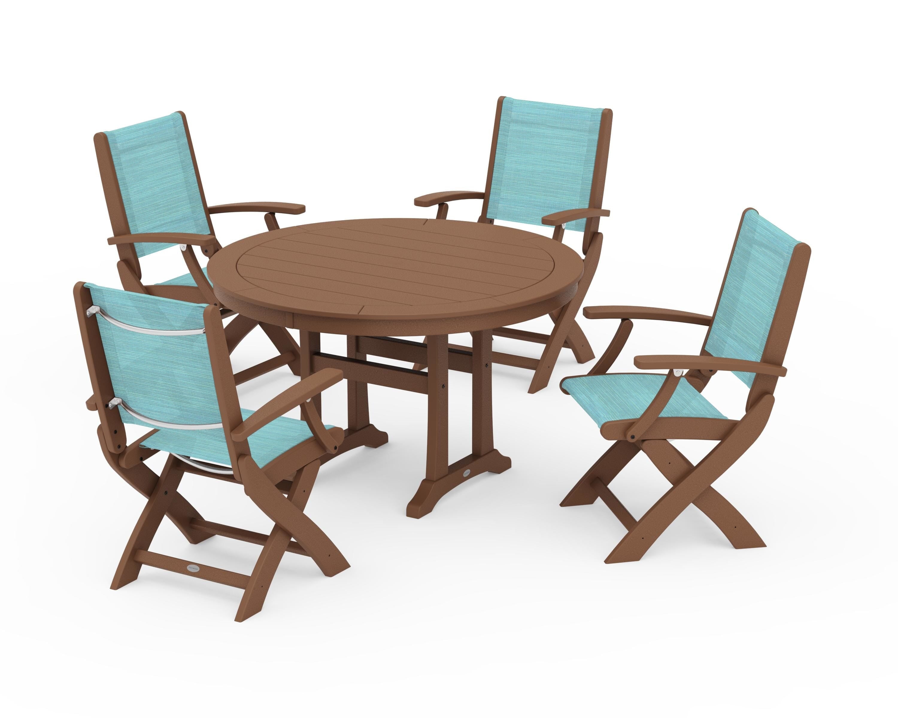 POLYWOOD Coastal Folding Chair 5-Piece Round Dining Set with Trestle Legs in Teak / Dupioni Aquamarine Sling