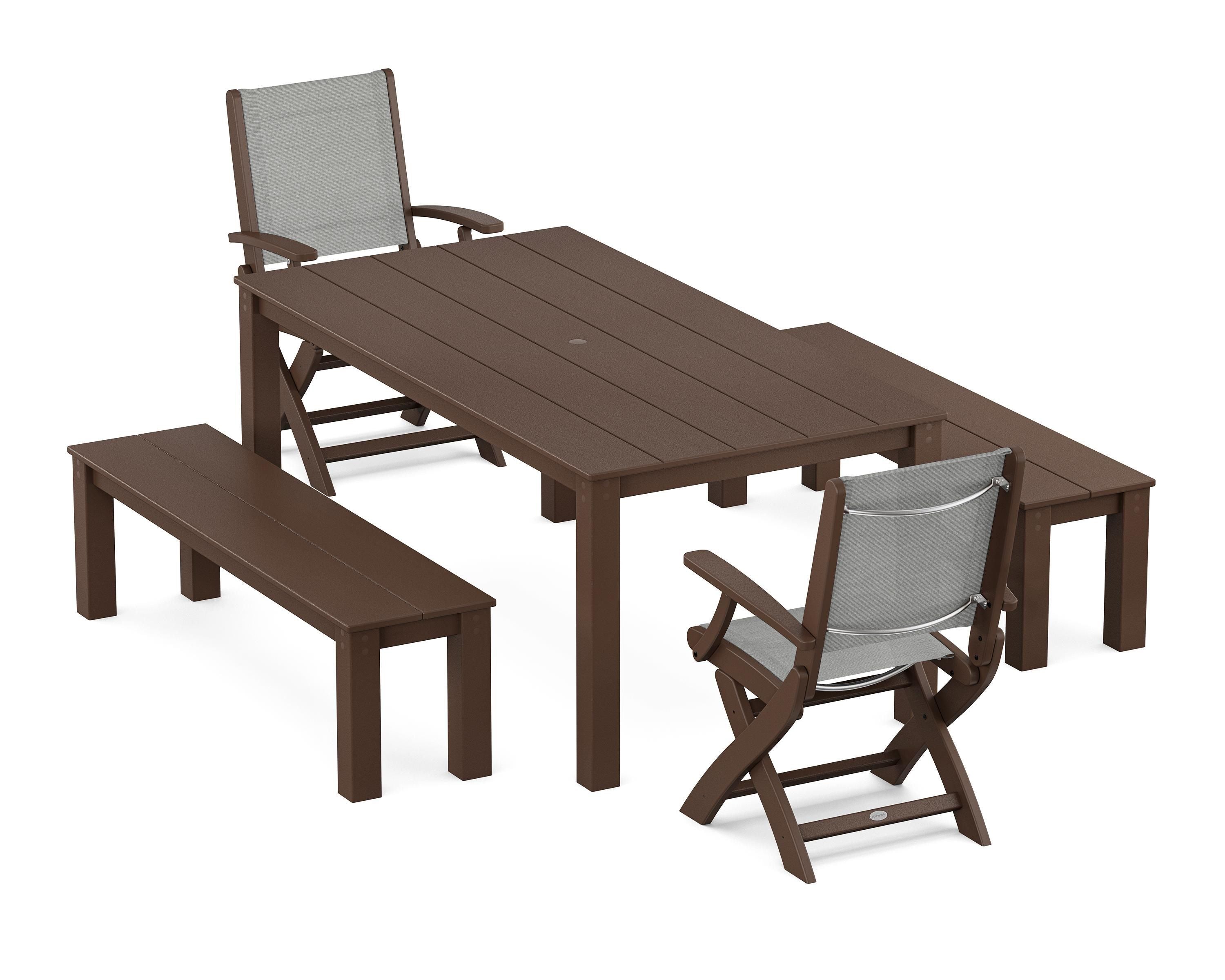 POLYWOOD Coastal Folding Chair 5-Piece Parsons Dining Set with Benches in Mahogany / Metallic Sling