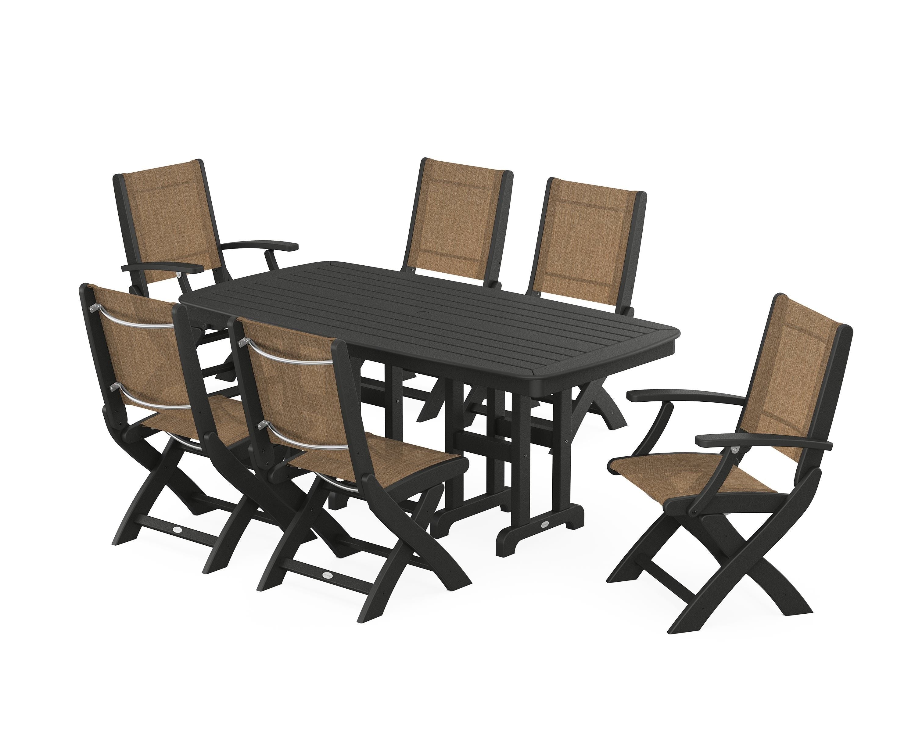 POLYWOOD Coastal Folding Chair 7-Piece Dining Set in Black / Burlap Sling