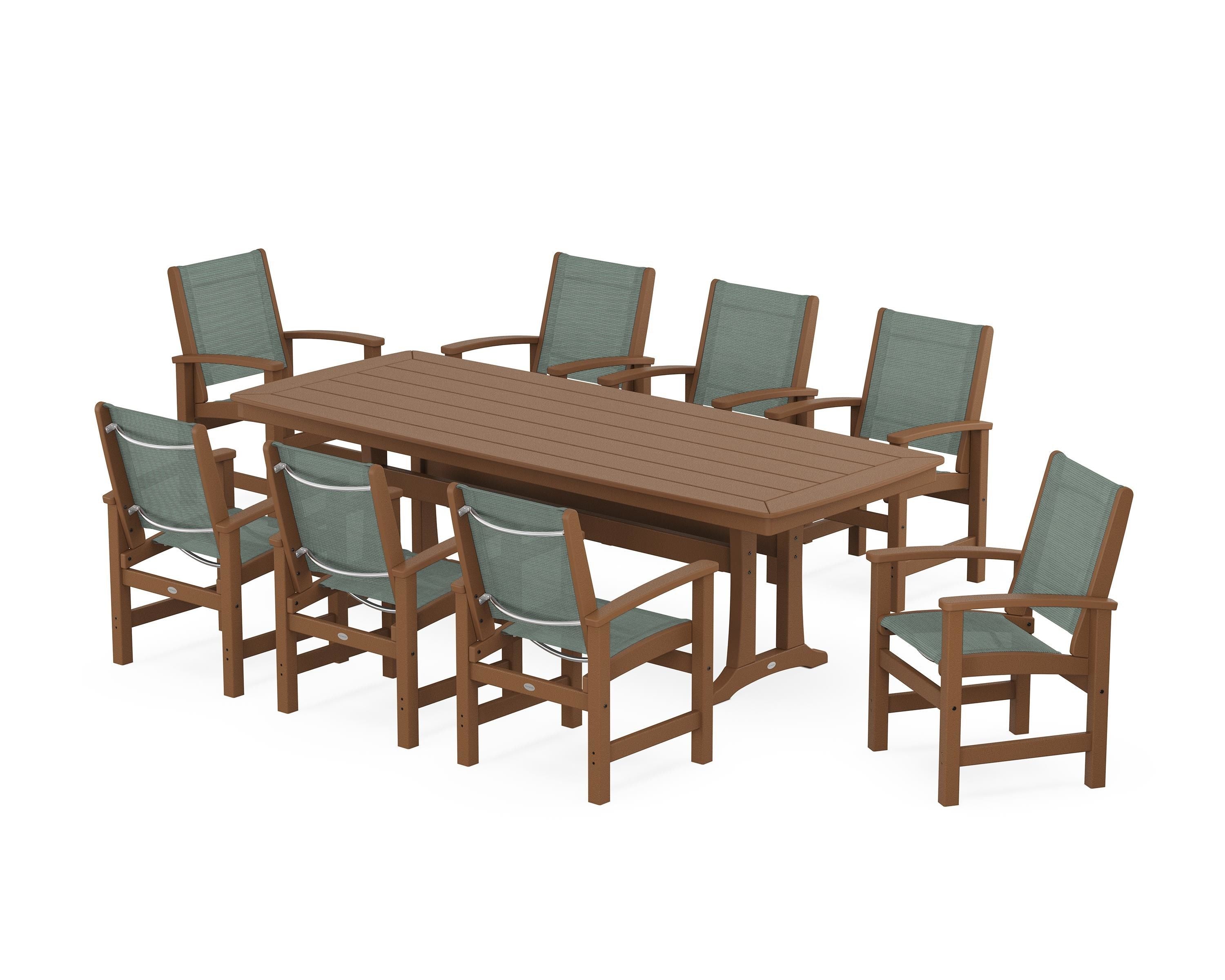 POLYWOOD Coastal 9-Piece Dining Set with Trestle Legs in Teak / Dupioni Sea Mist Sling