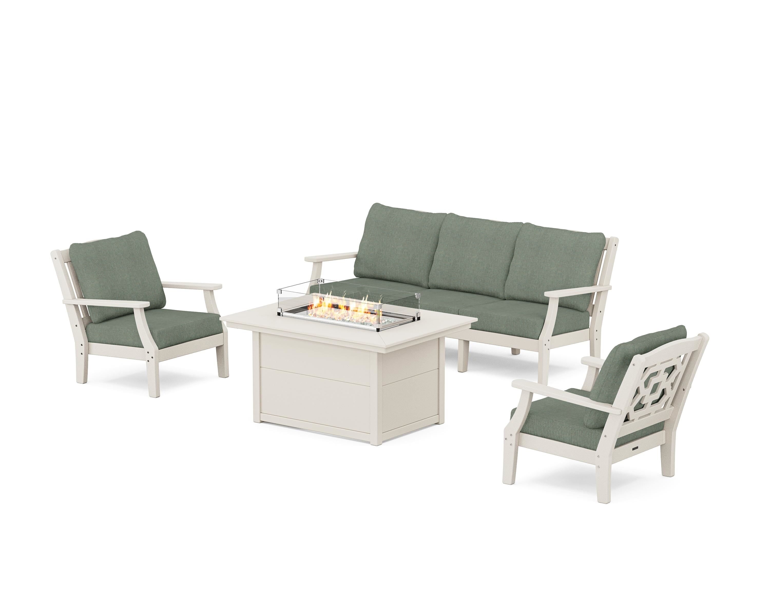Martha Stewart by POLYWOOD Chinoiserie Deep Seating Fire Pit Table Set in Sand / Cast Sage