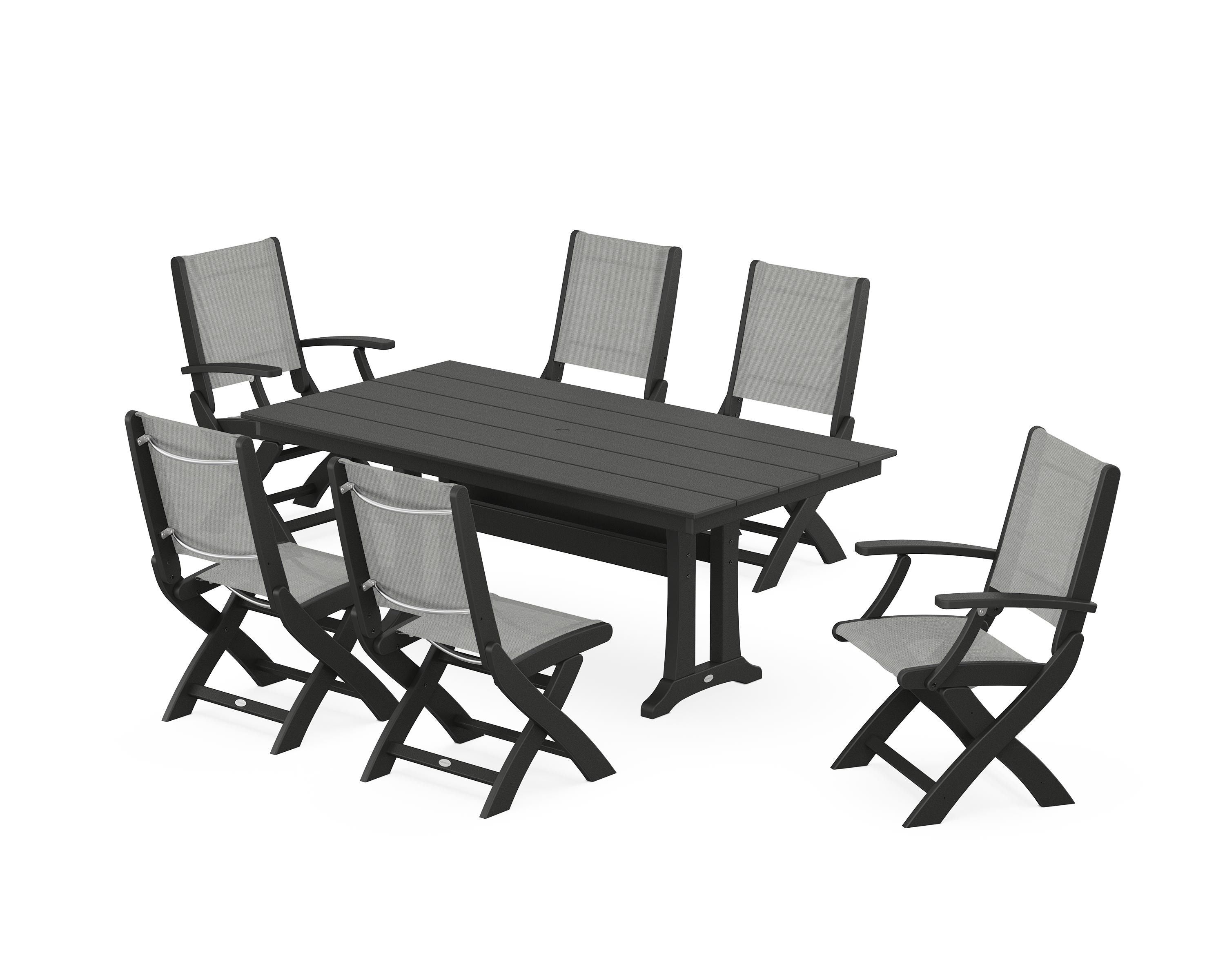 POLYWOOD Coastal Folding Chair 7-Piece Farmhouse Dining Set with Trestle Legs in Black / Metallic Sling