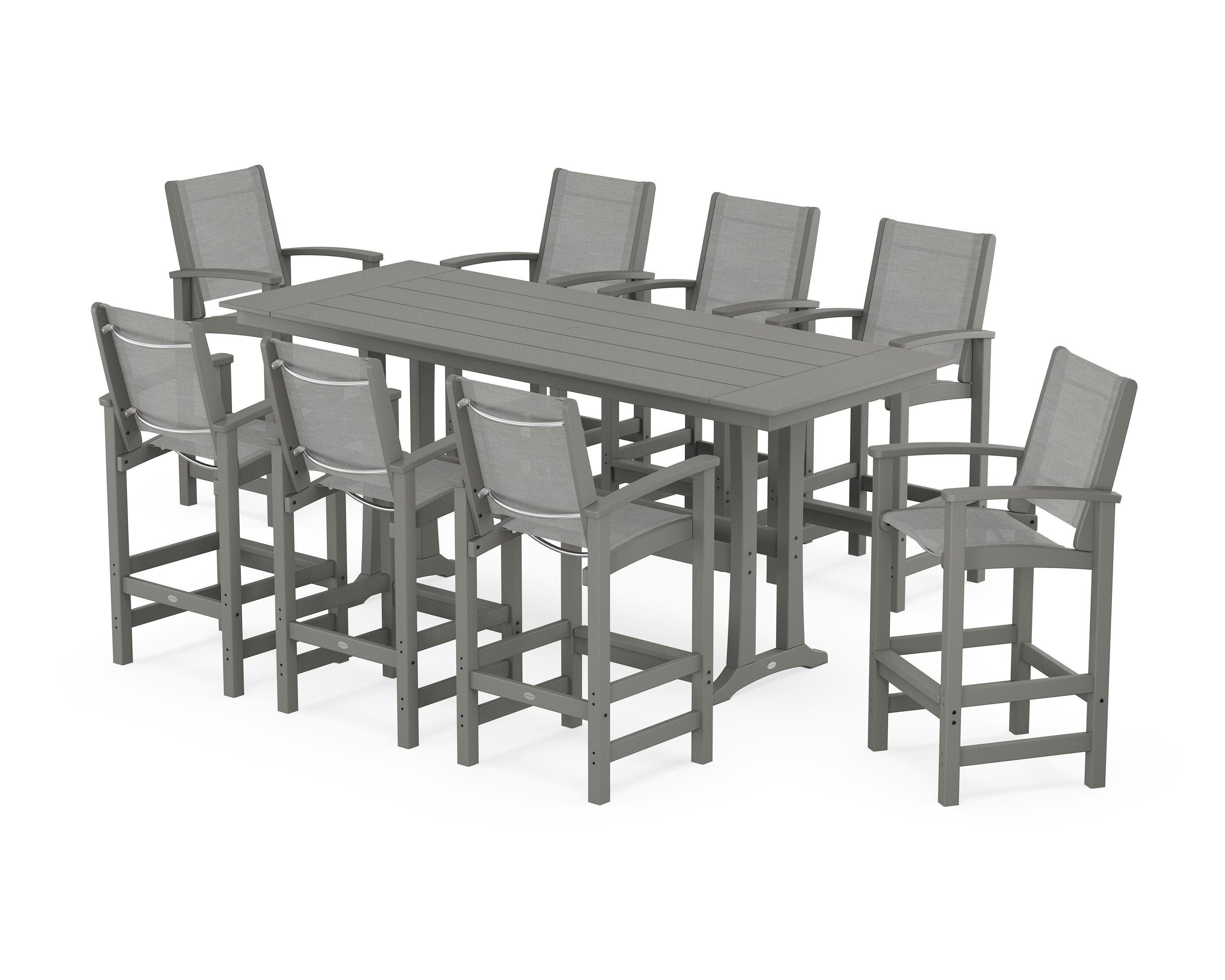 POLYWOOD Coastal 9-Piece Farmhouse Bar Set with Trestle Legs in Slate Grey / Metallic Sling