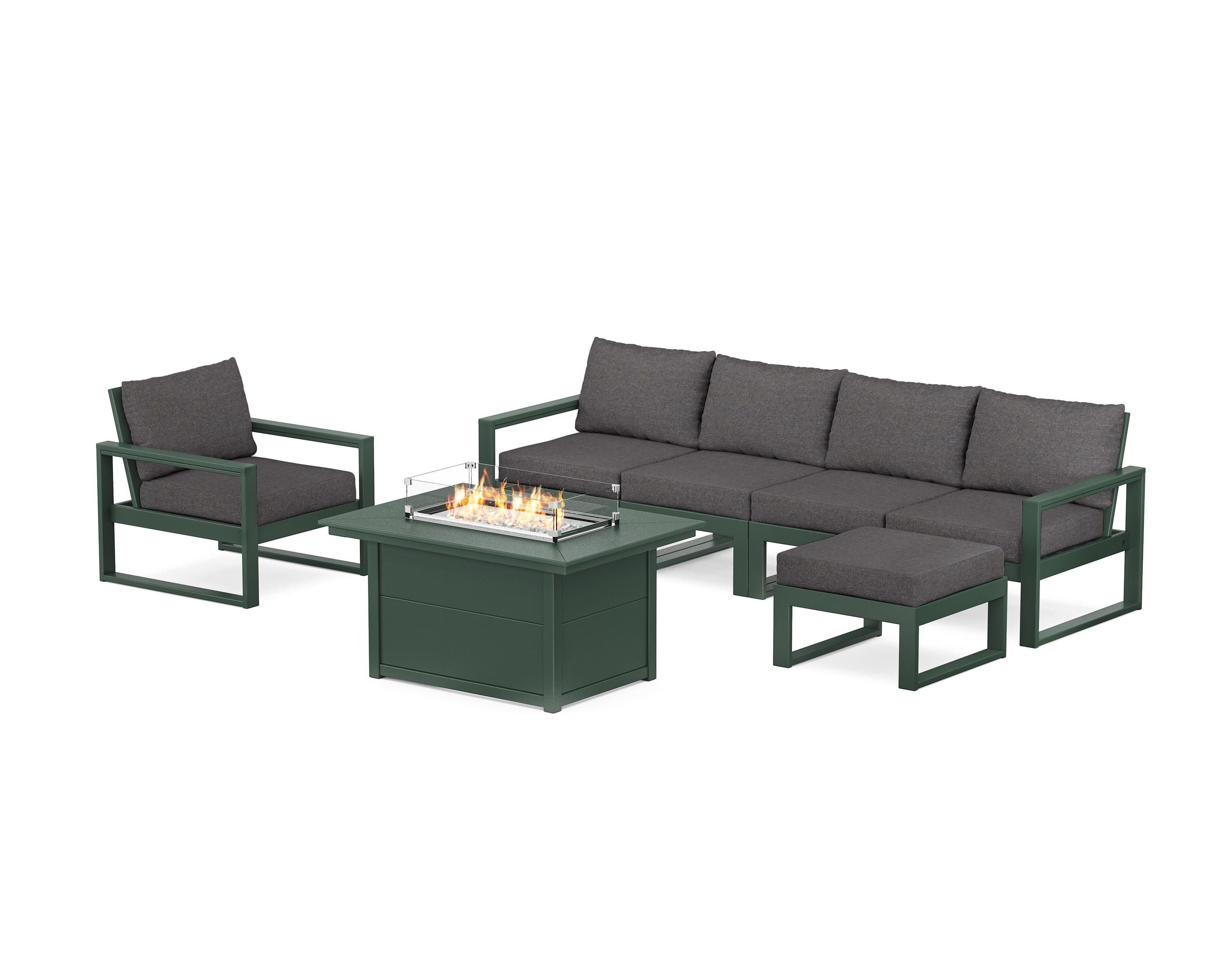 POLYWOOD EDGE Sectional Lounge and Fire Pit Set in Green / Ash Charcoal