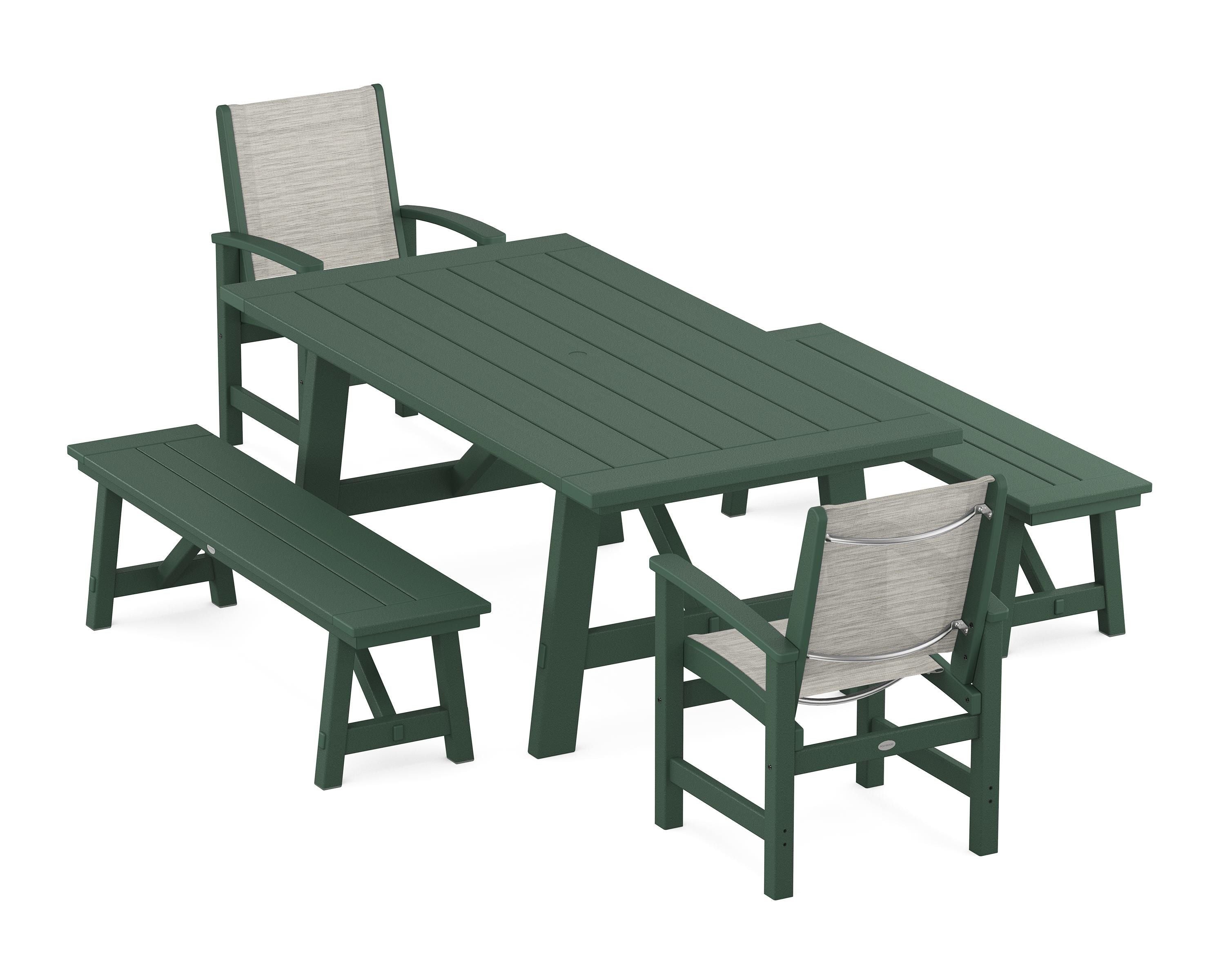 POLYWOOD Coastal 5-Piece Rustic Farmhouse Dining Set With Benches in Green / Birch Sling