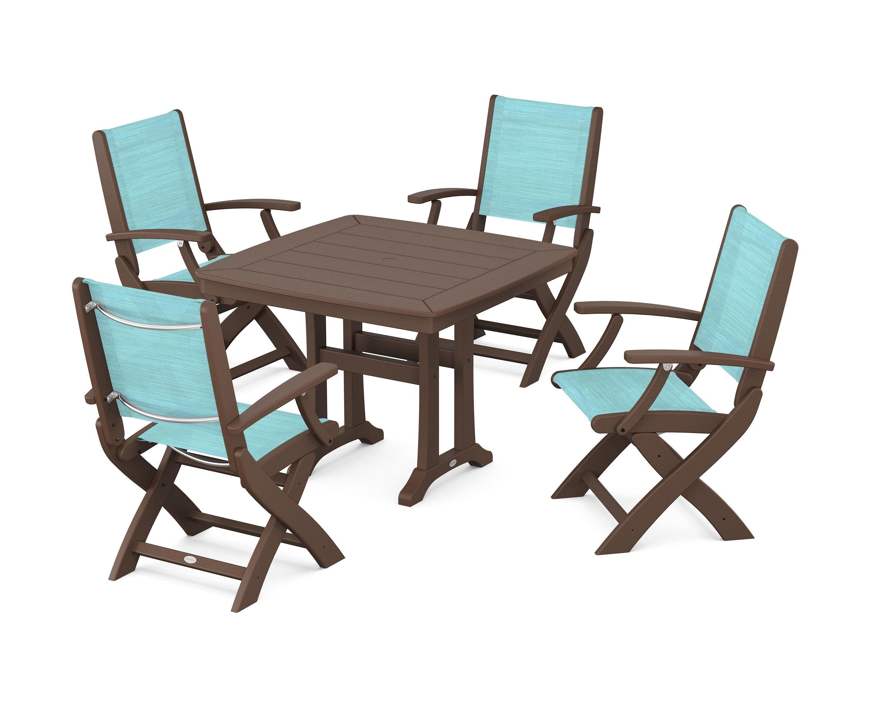 POLYWOOD Coastal Folding Chair 5-Piece Dining Set with Trestle Legs in Mahogany / Dupioni Aquamarine Sling