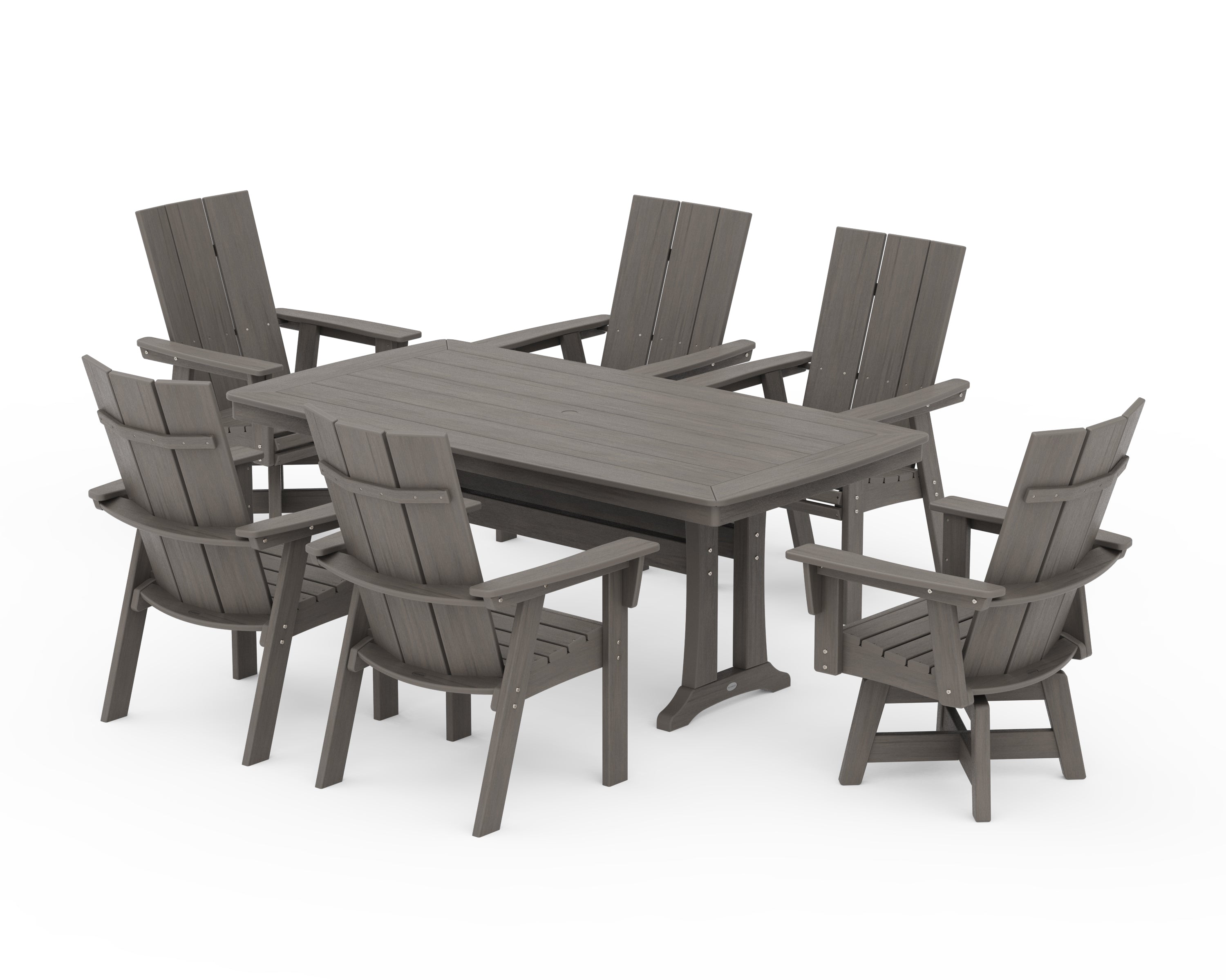 POLYWOOD Modern Adirondack Swivel Chair 7-Piece Dining Set with Trestle Legs in Driftwood