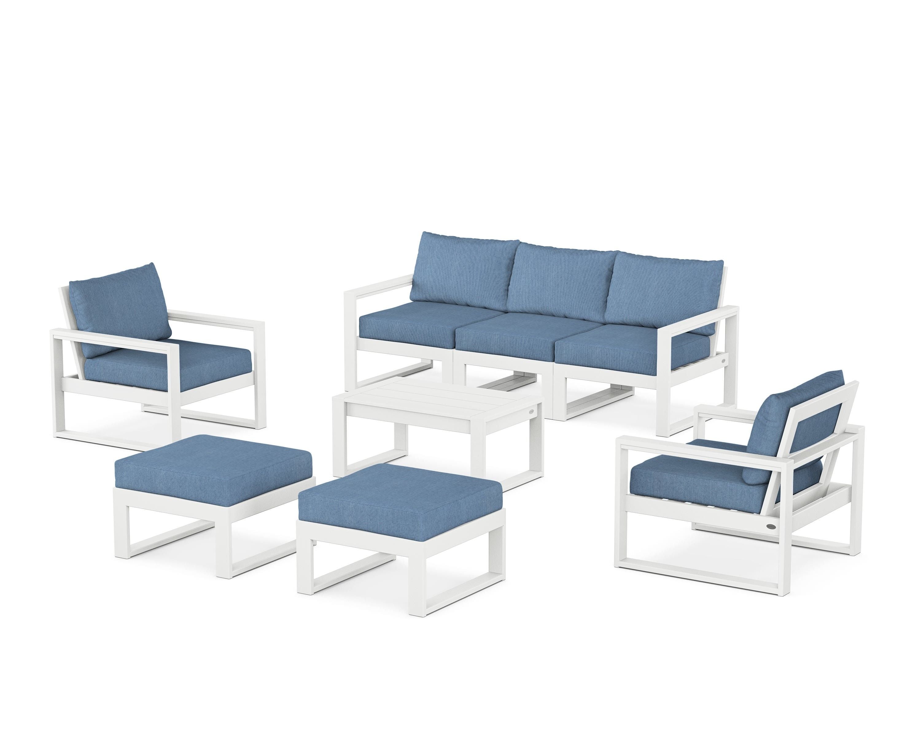 POLYWOOD EDGE Sectional 8-Piece Lounge Sofa Set in White / Sky Blue