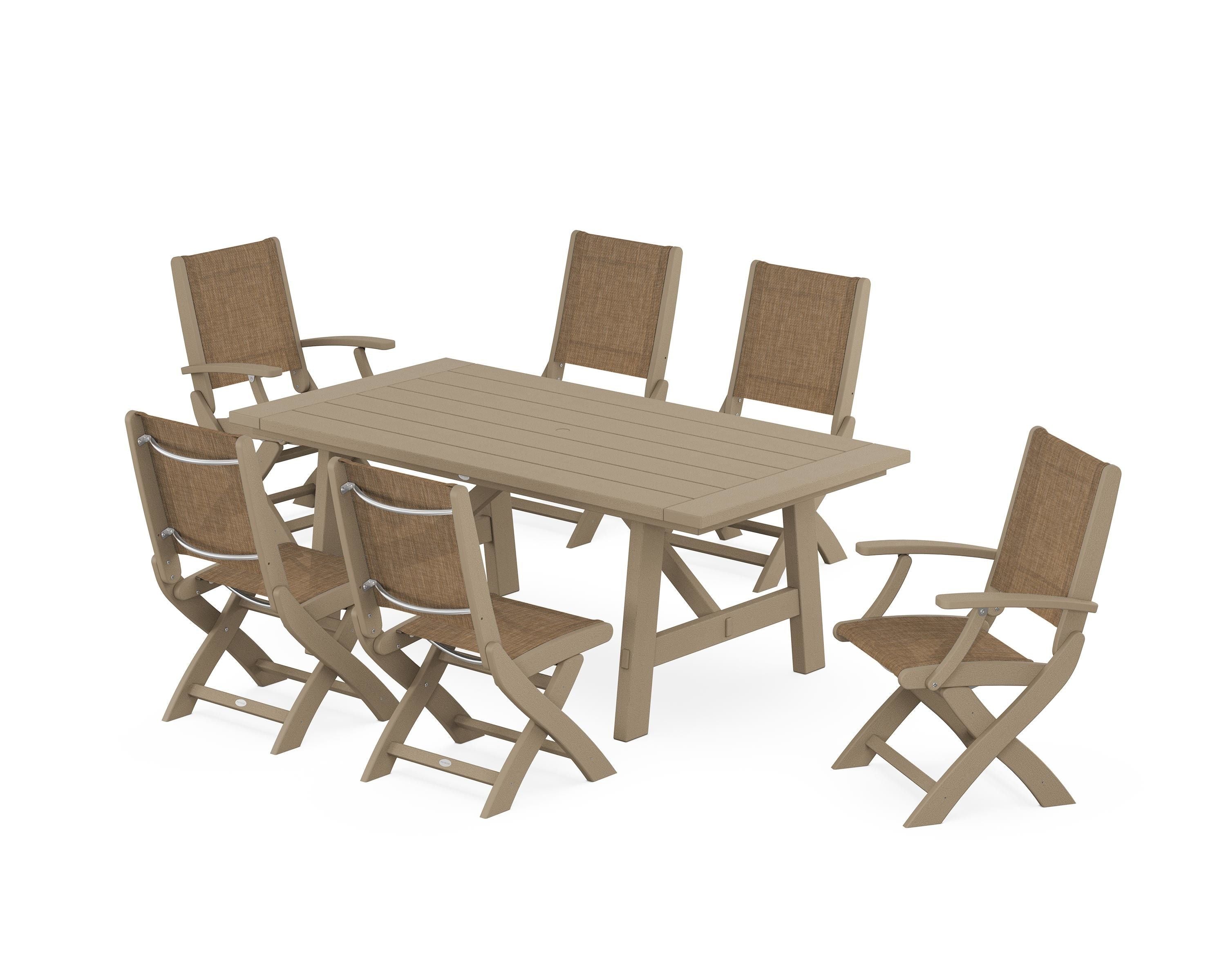 POLYWOOD Coastal Folding Chair 7-Piece Rustic Farmhouse Dining Set in Vintage Sahara / Burlap Sling