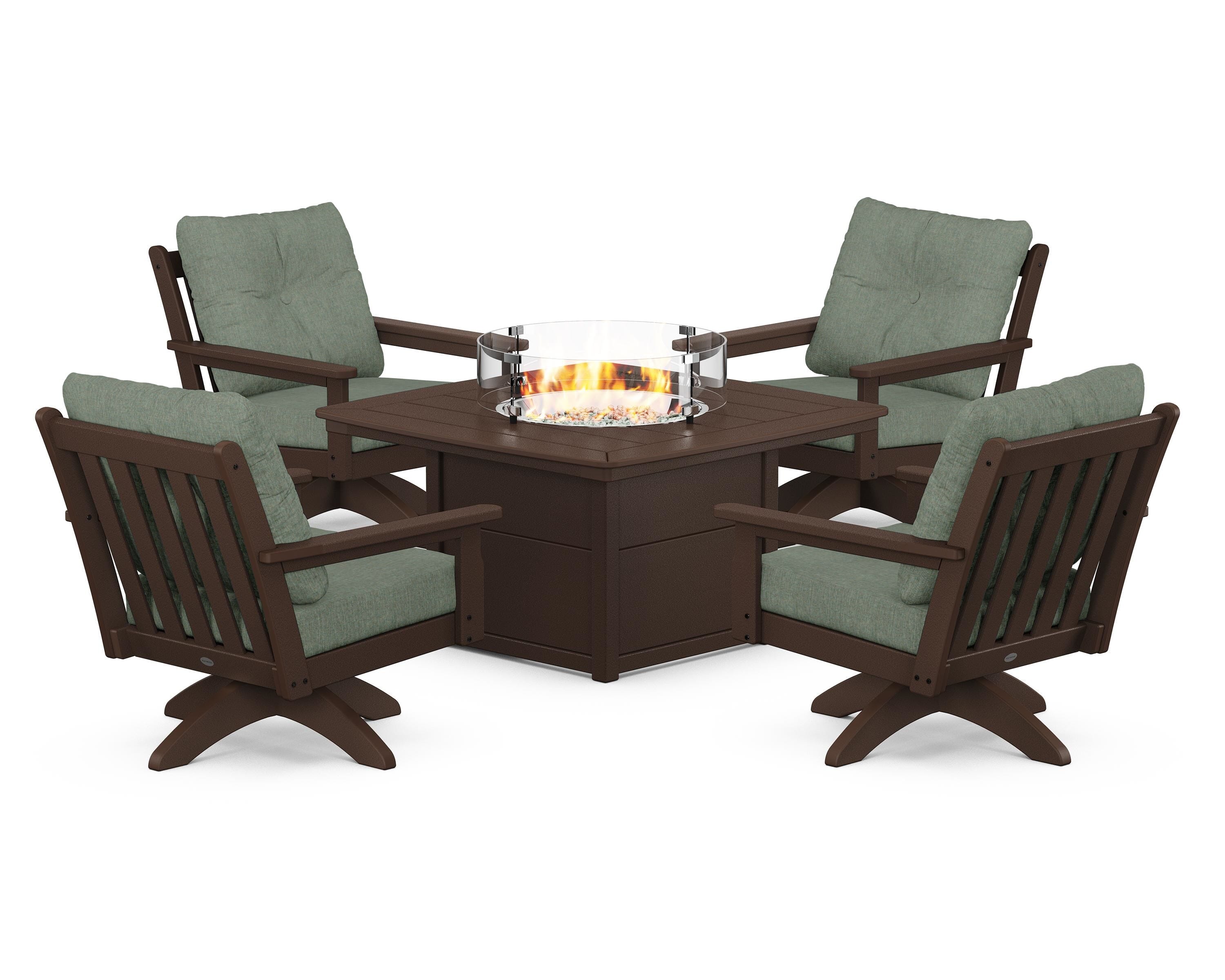 POLYWOOD Vineyard 5-Piece Deep Seating Swivel Conversation Set with Fire Pit Table in Mahogany / Cast Sage