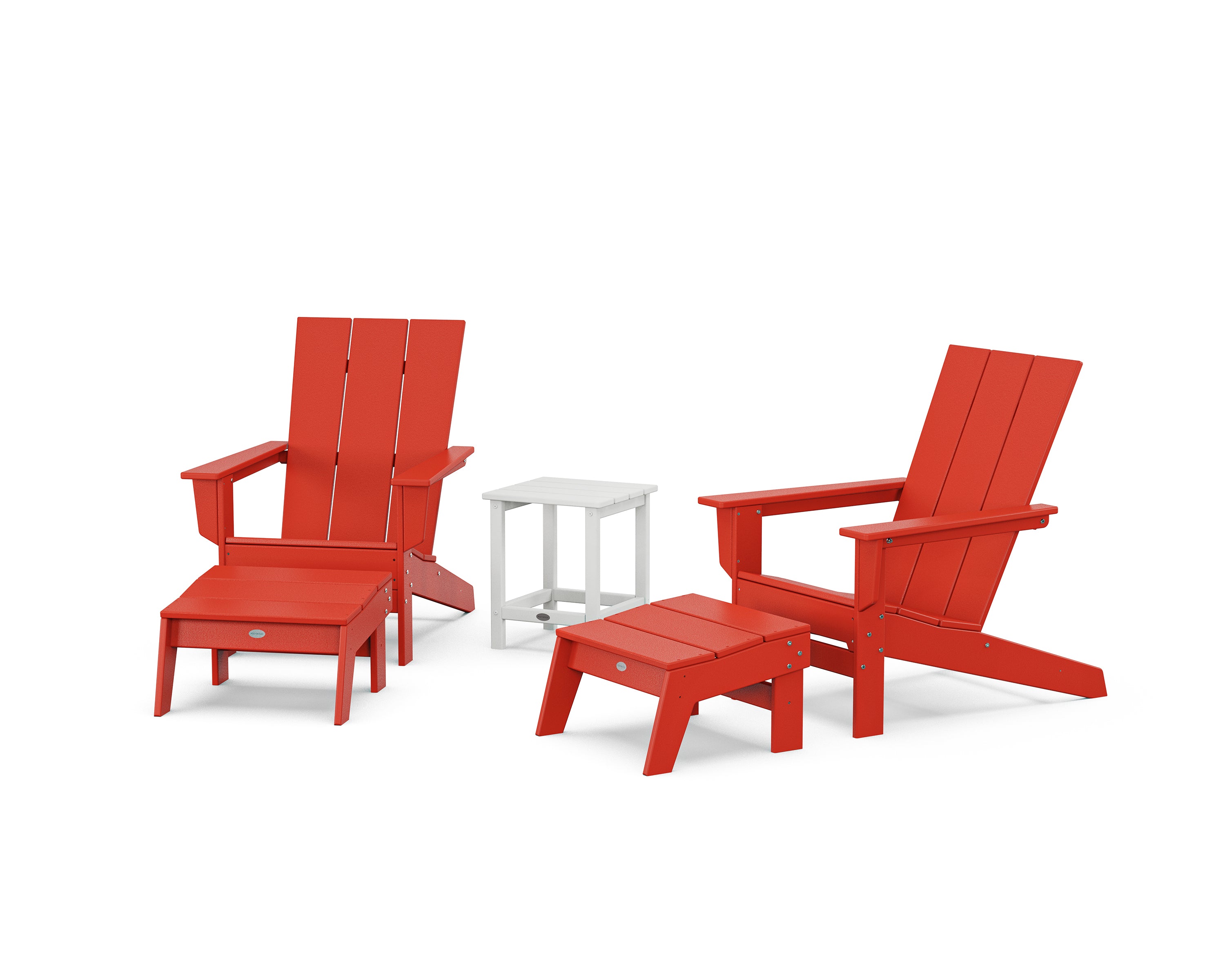 POLYWOOD® 5-Piece Modern Studio Adirondack Set with Ottomans and Side Table in Sunset Red / White