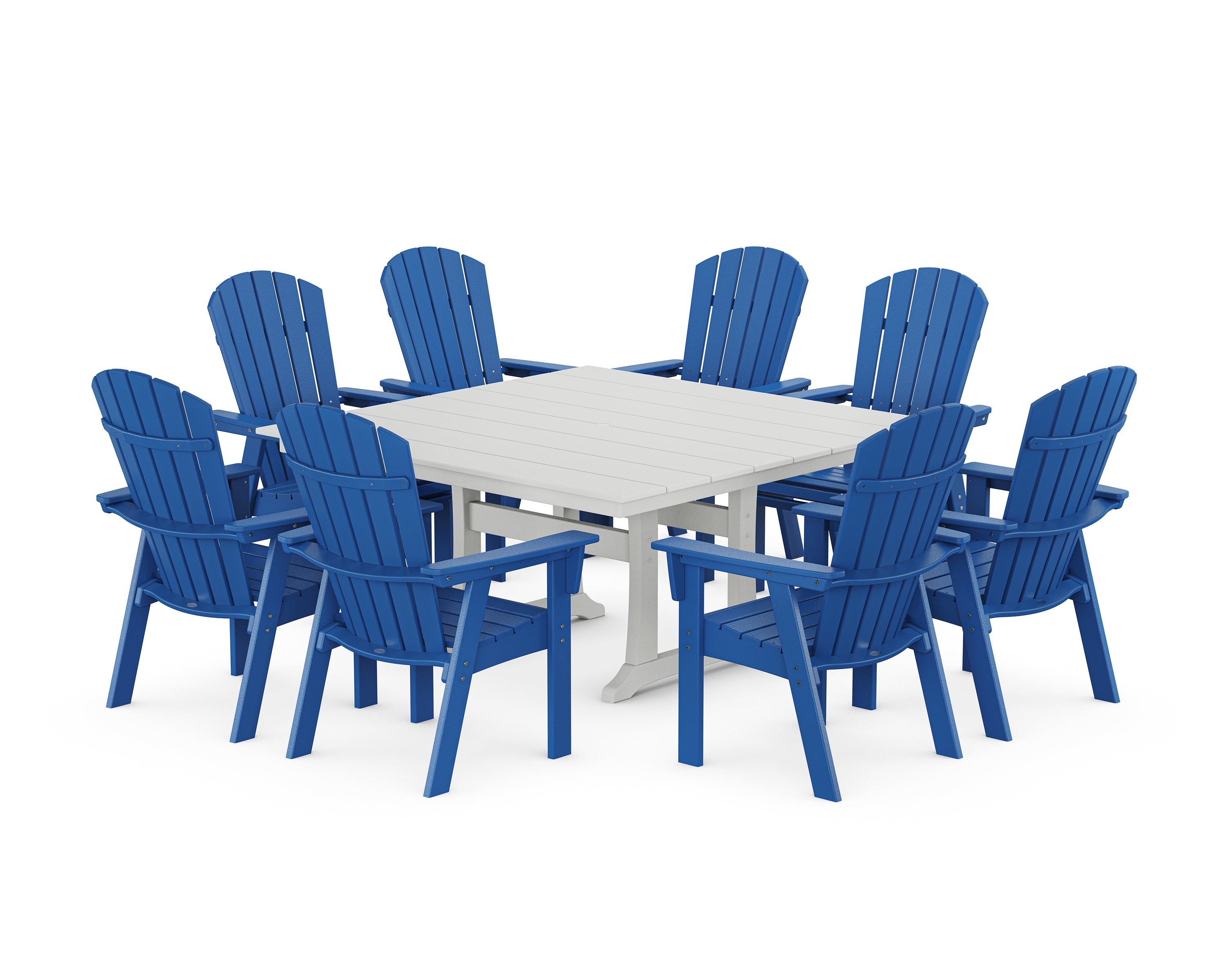 POLYWOOD Nautical Curveback Adirondack 9-Piece Square Dining Set with Trestle Legs in Pacific Blue / White