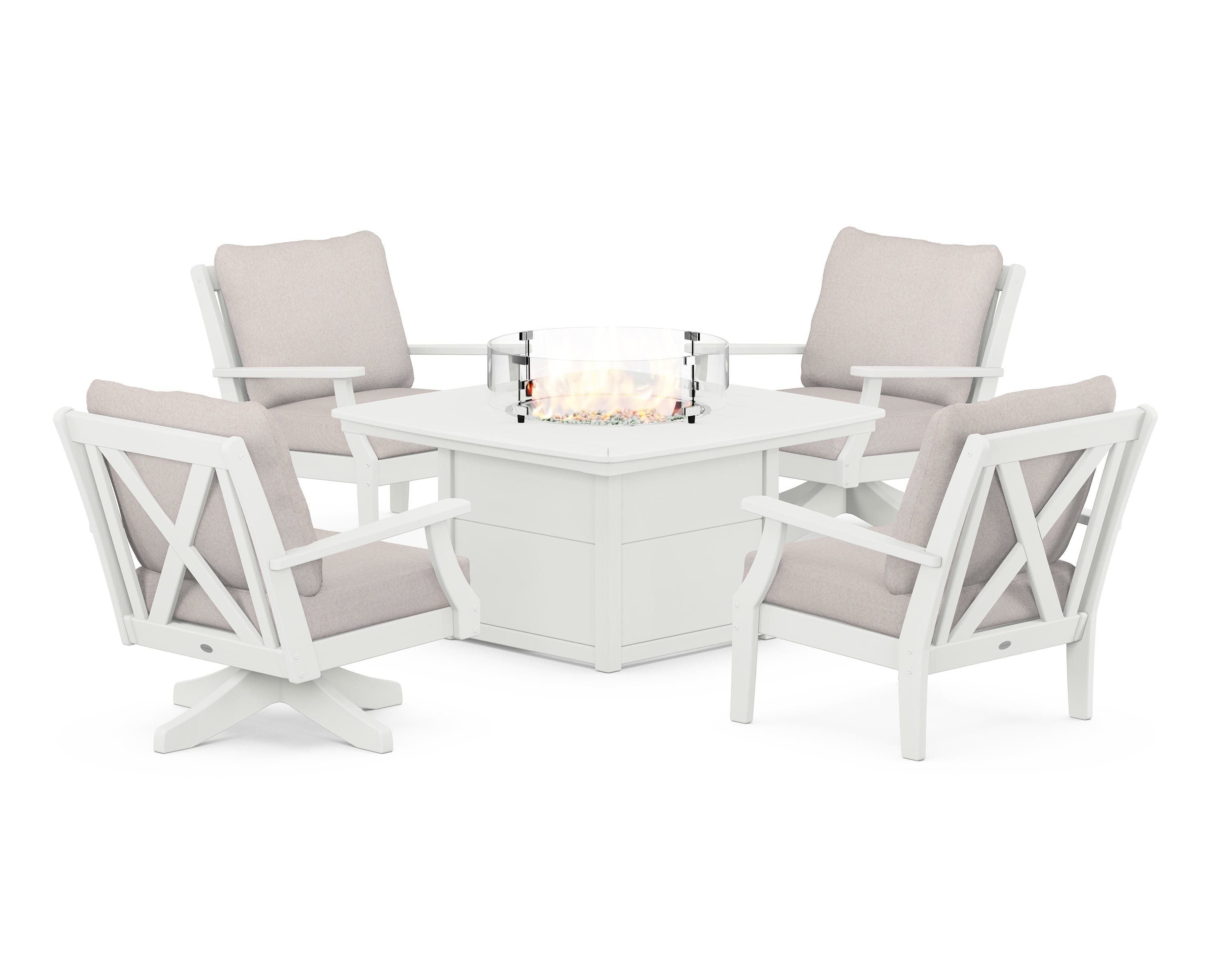 POLYWOOD Braxton 5-Piece Deep Seating Set with Fire Table in Vintage White / Dune Burlap