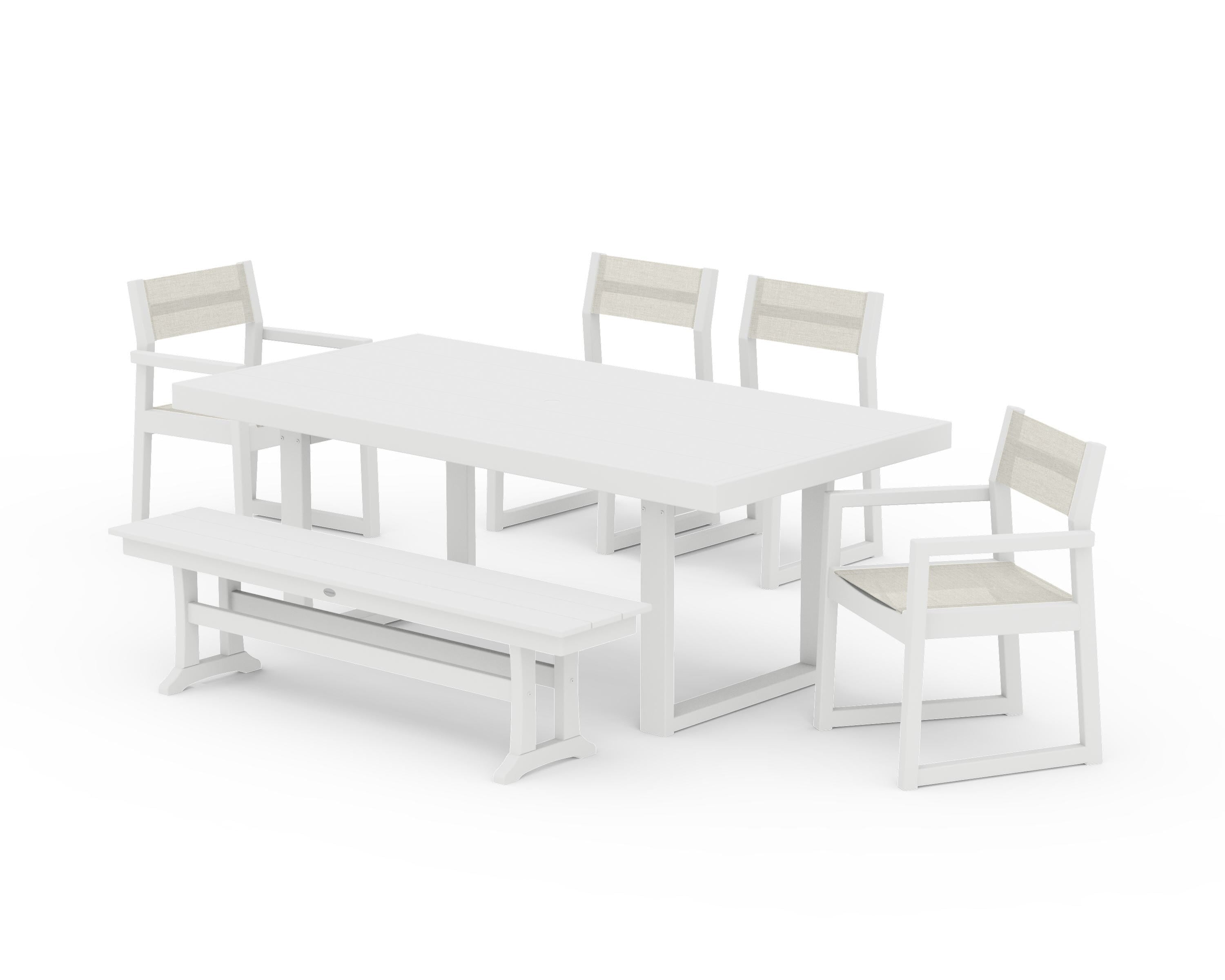 POLYWOOD EDGE Sling 6-Piece Dining Set with Bench in White / Parchment Sling