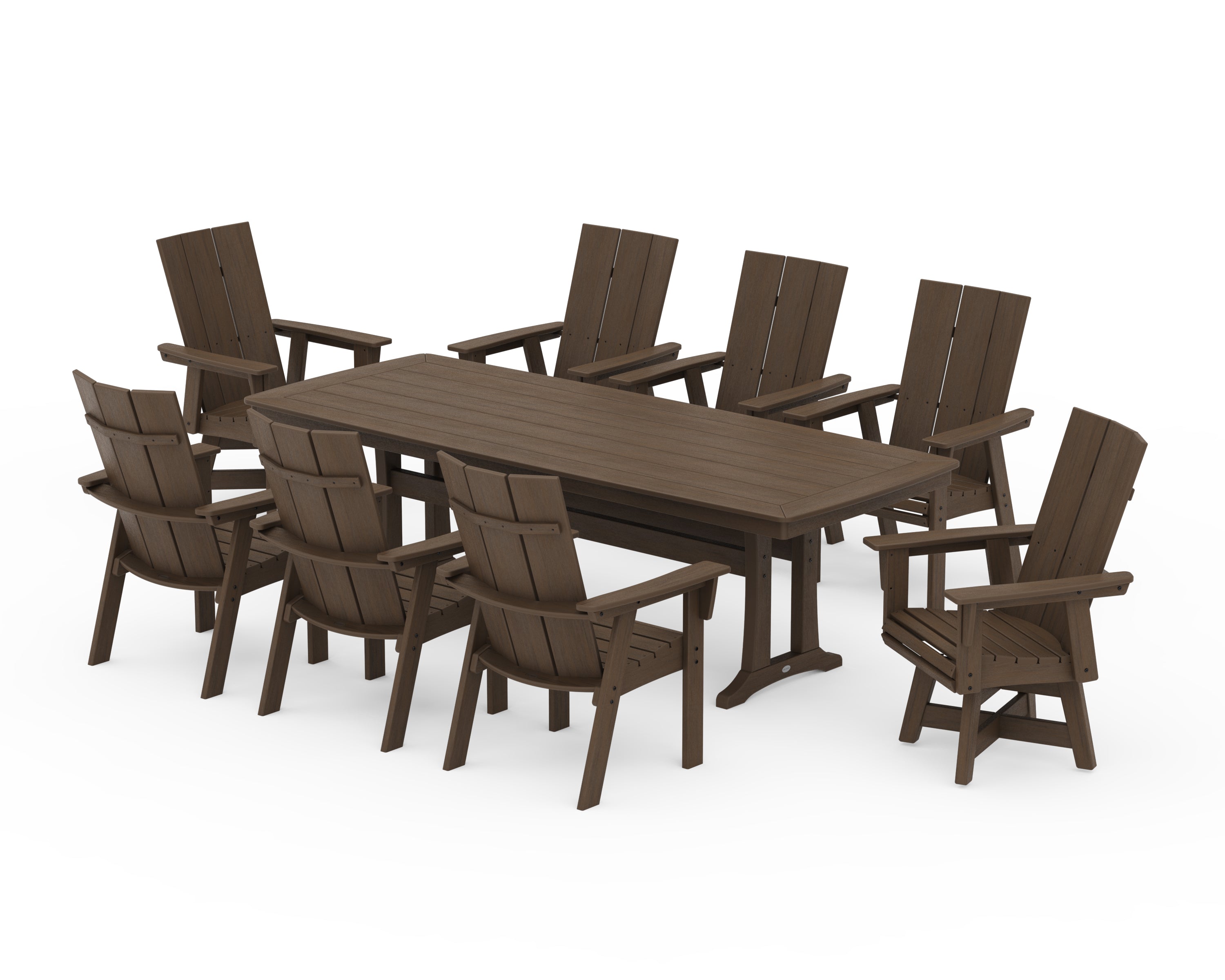 POLYWOOD Modern Curveback Adirondack Swivel 9-Piece Dining Set with Trestle Legs in Kona