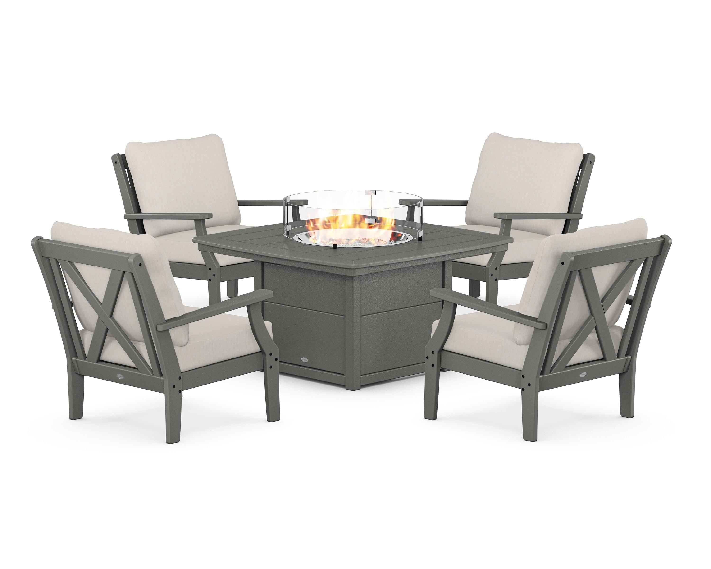 POLYWOOD Braxton 5-Piece Deep Seating Conversation Set with Fire Pit Table in Slate Grey / Cast Ash