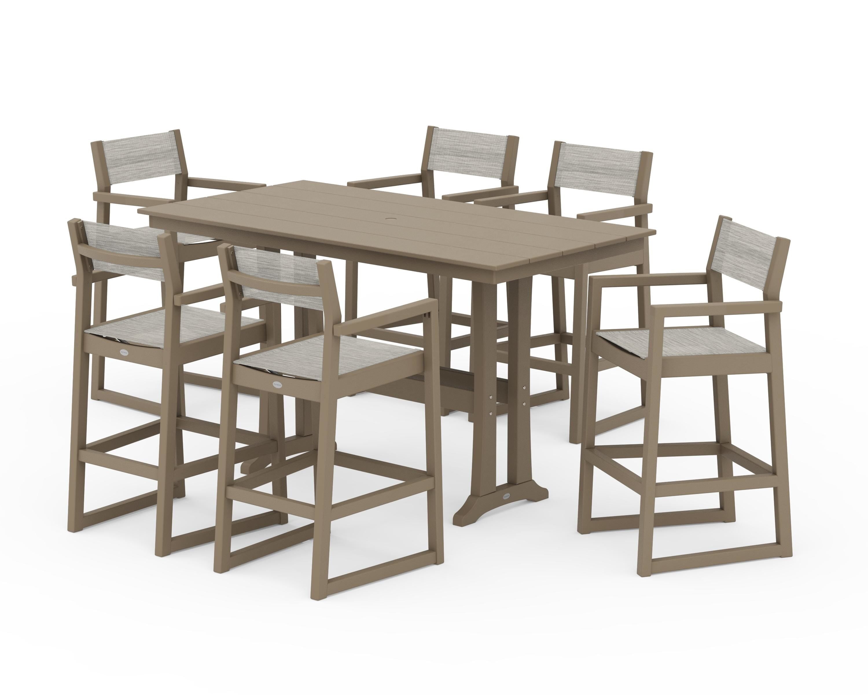 POLYWOOD EDGE Sling Arm Chair 7-Piece Farmhouse Bar Set with Trestle Legs in Vintage Sahara / Birch Sling