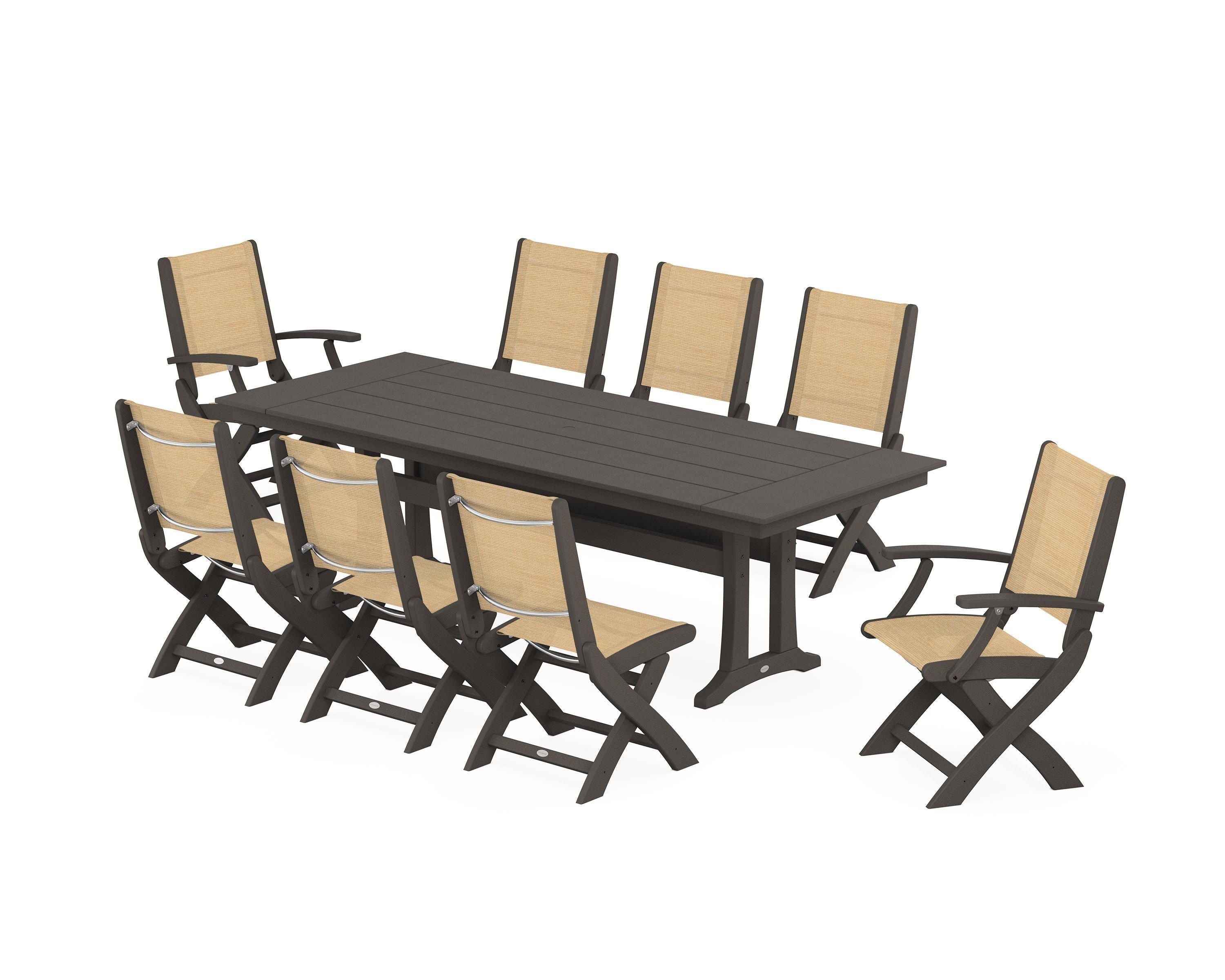 POLYWOOD Coastal 9-Piece Folding Dining Chair Farmhouse Dining Set with Trestle Legs in Vintage Coffee / Dupioni Apricot Sling