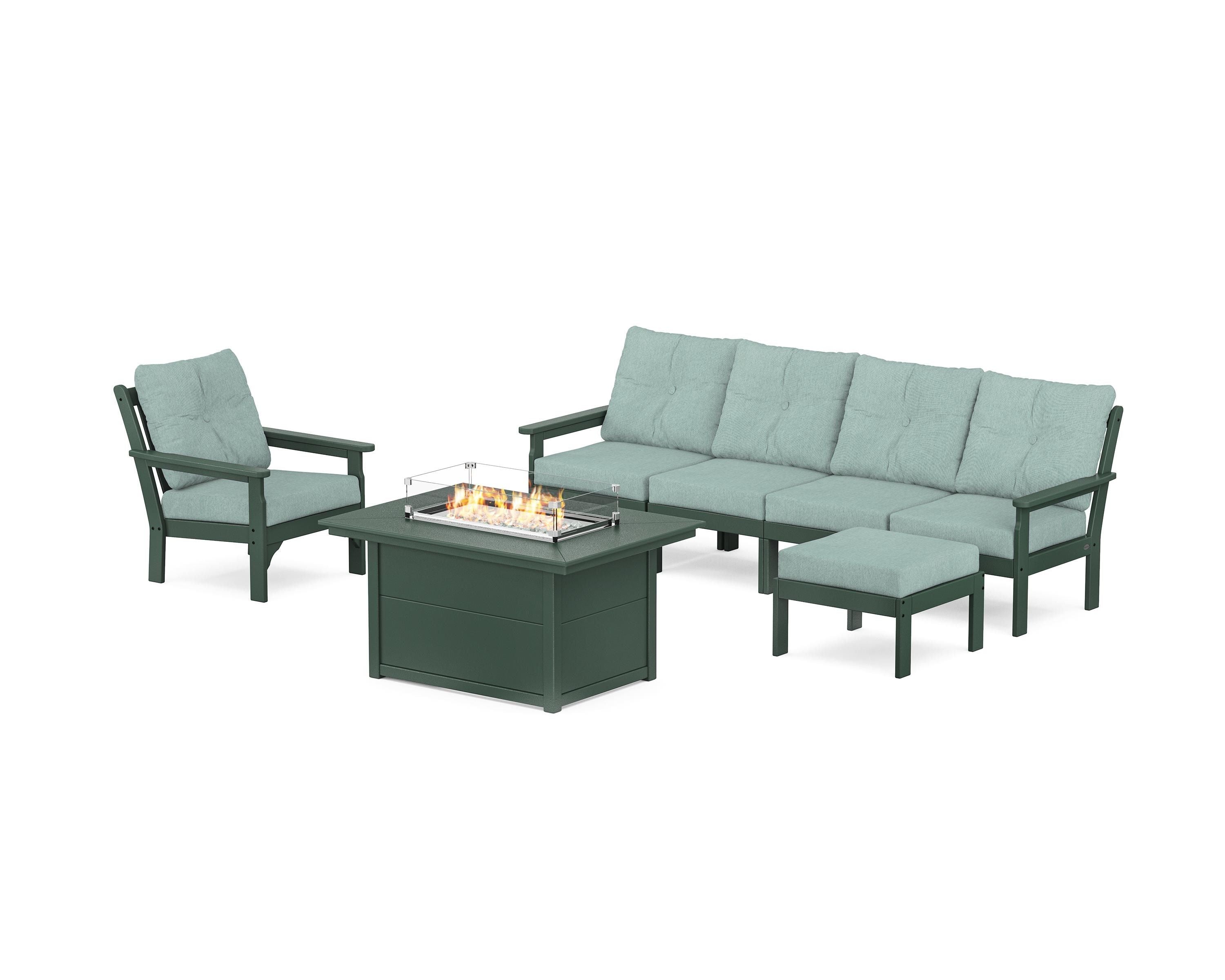 POLYWOOD Vineyard Sectional Lounge and Fire Pit Set in Green / Glacier Spa