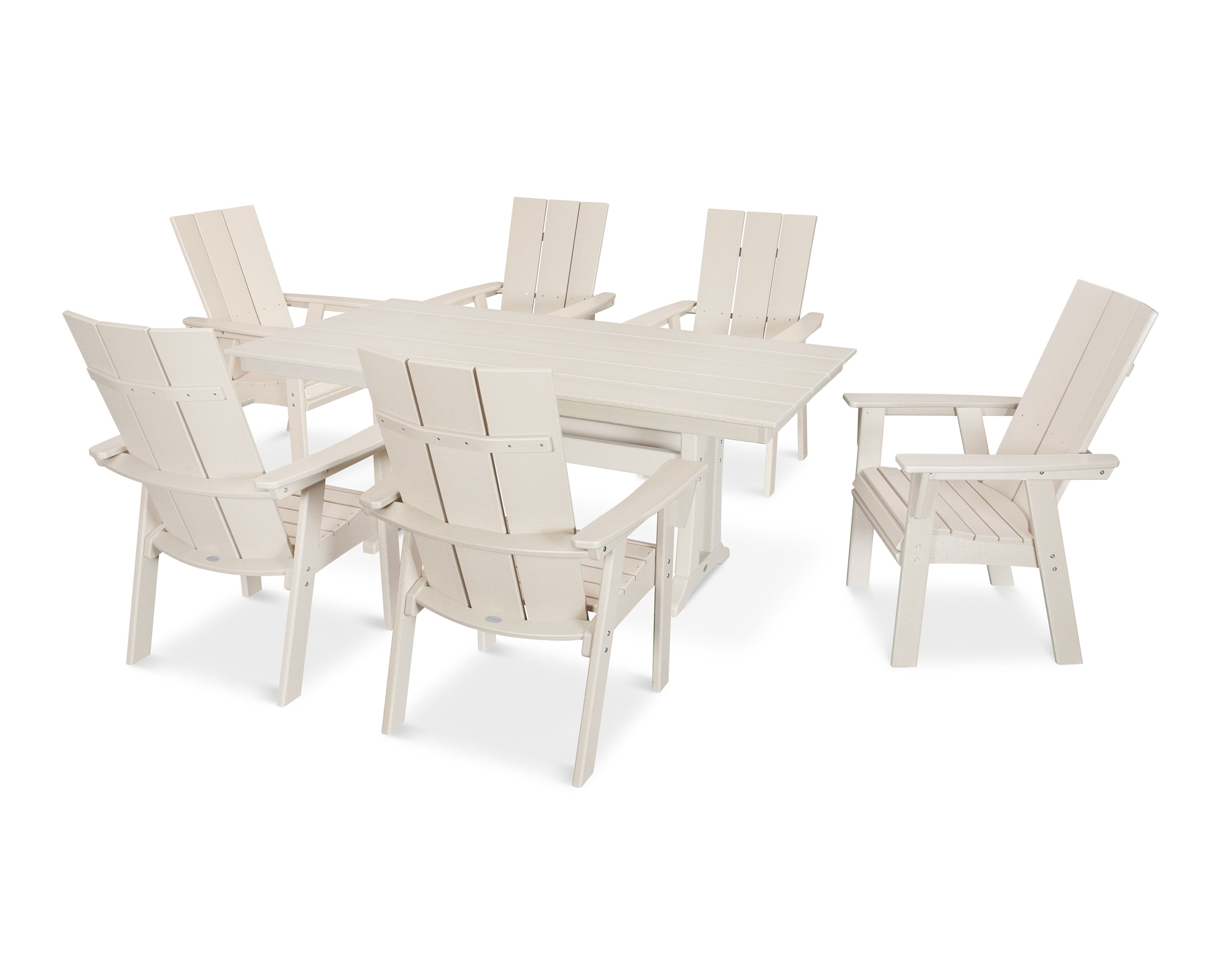 POLYWOOD® Modern Curveback Adirondack 7-Piece Farmhouse Dining Set with Trestle Legs in Sand