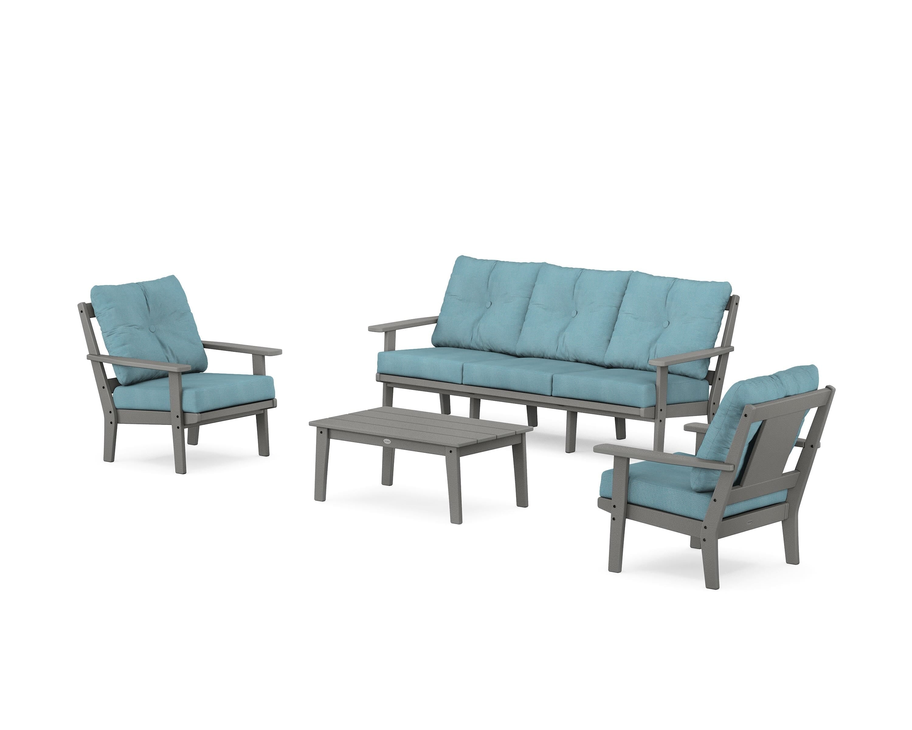 POLYWOOD Prairie 4-Piece Deep Seating Set with Sofa in Slate Grey / Lattice Sky Blue