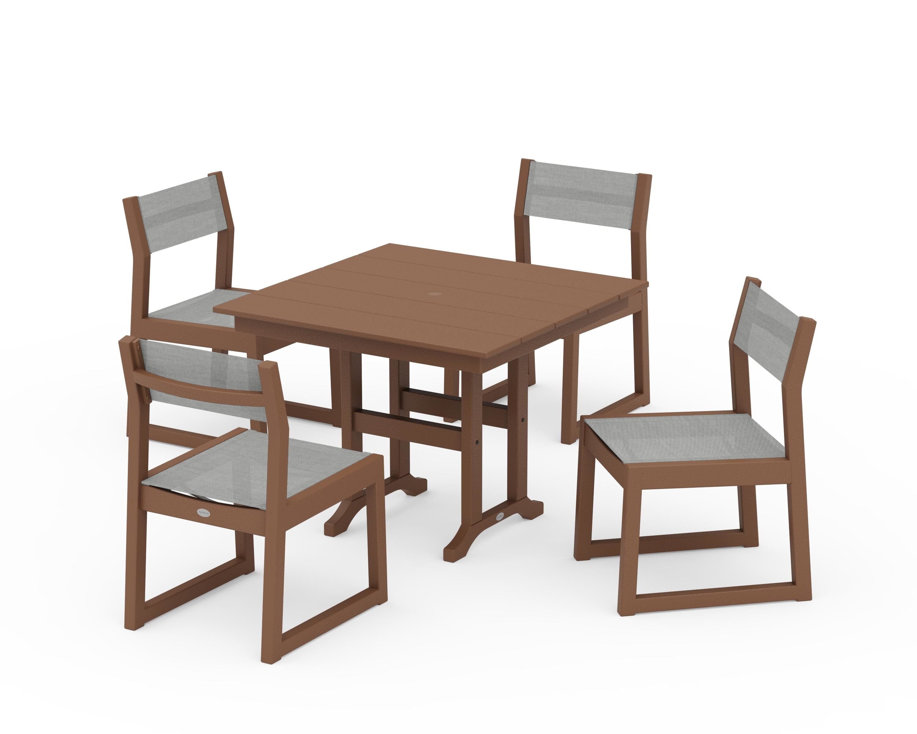 POLYWOOD EDGE Sling Side Chair 5-Piece Farmhouse Dining Set in Teak / Metallic Sling