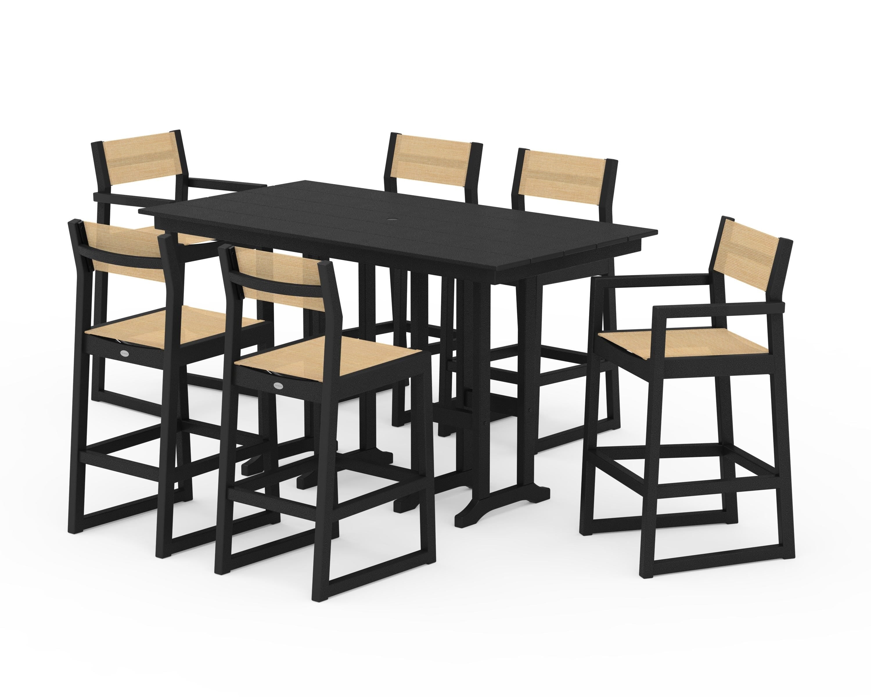 POLYWOOD EDGE Sling 7-Piece Farmhouse Bar Set in Black / Dupioni Apricot Sling